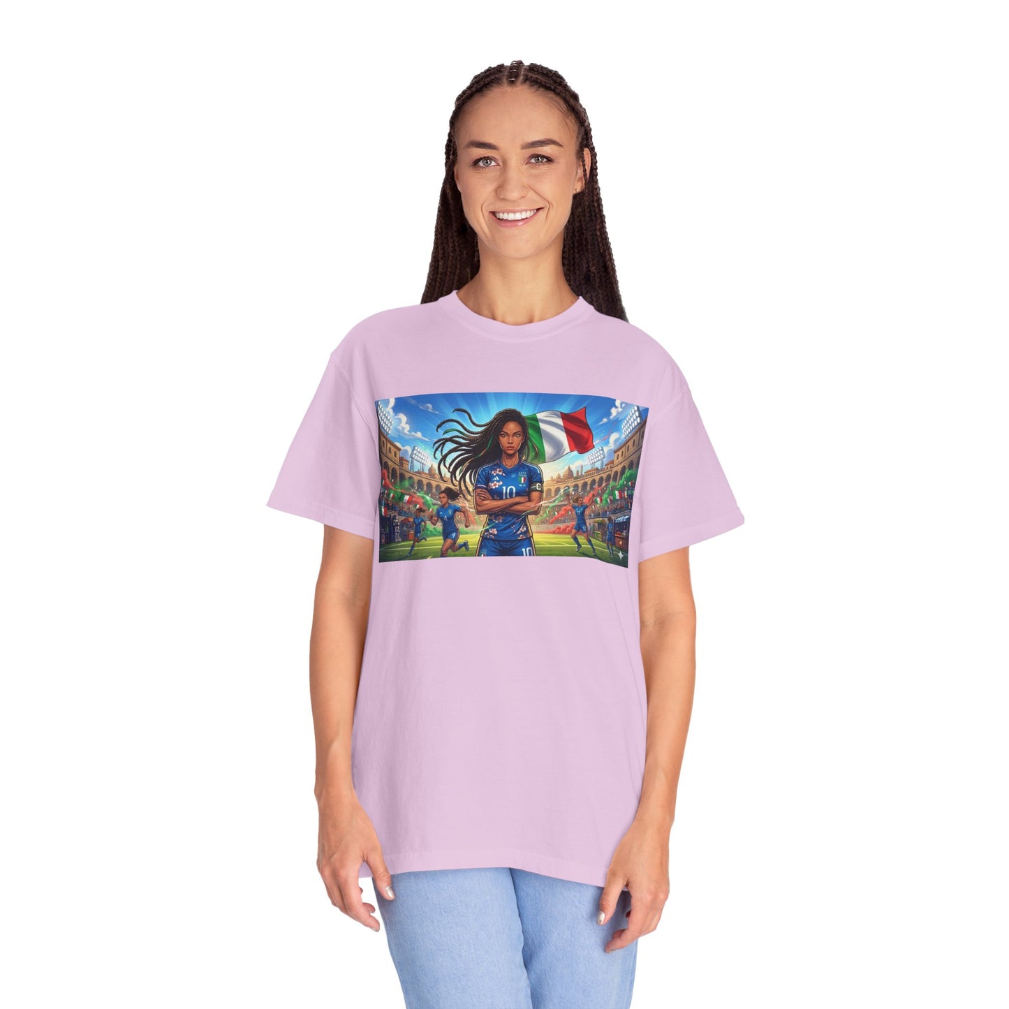 Italian Soccer Fan T‑Shirt – Inspirational Female Player with Italy Flag Stadium Print
