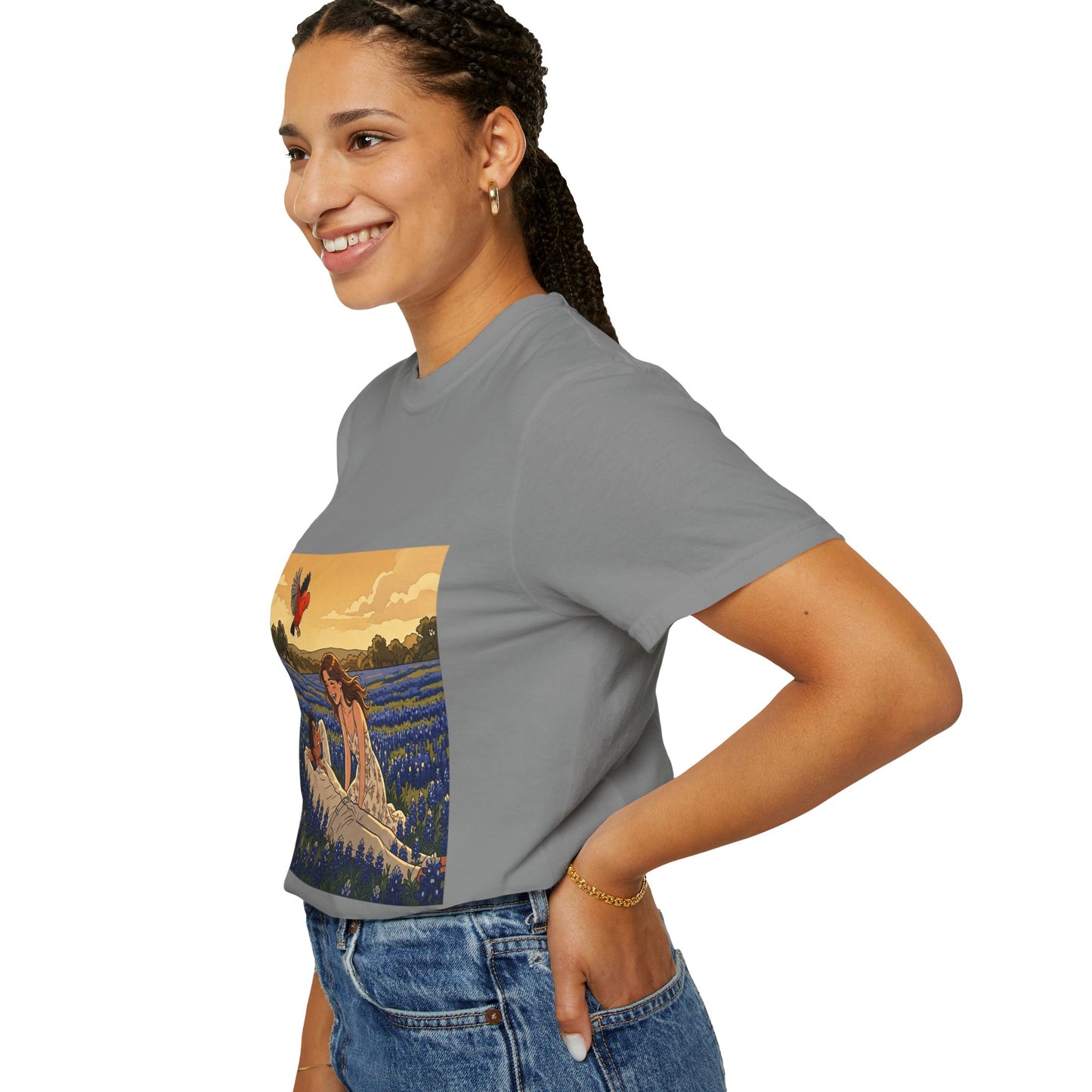 Romantic Bluebonnet Field T-Shirt — Couple in Wildflower Meadow Art Tee