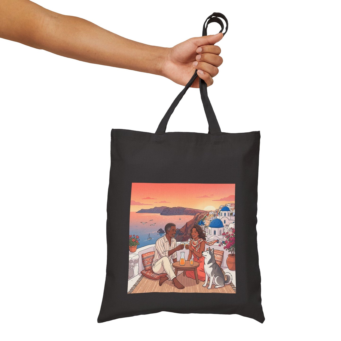 Santorini Sunset Beach Tote — Romantic Couple & Dog Canvas Bag