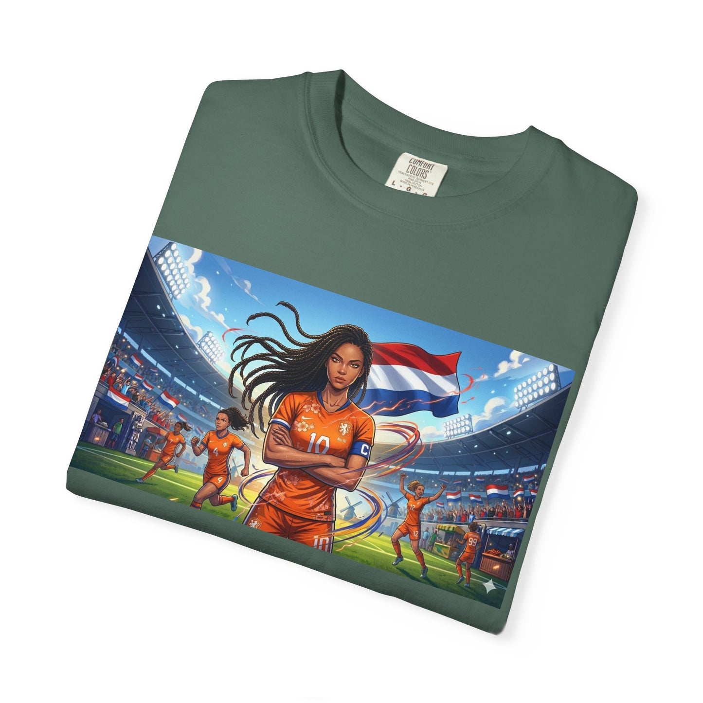 Soccer Warrior T-Shirt — Netherlands Female Captain with Flag Stadium Graphic