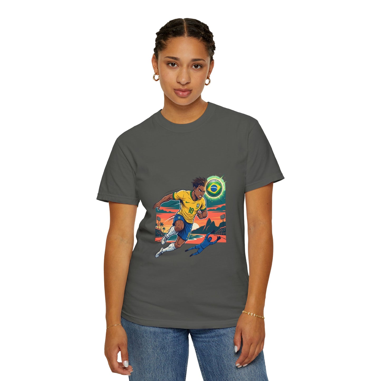 Brazil Soccer Player Graphic T-Shirt — Retro Sunset Football Tee