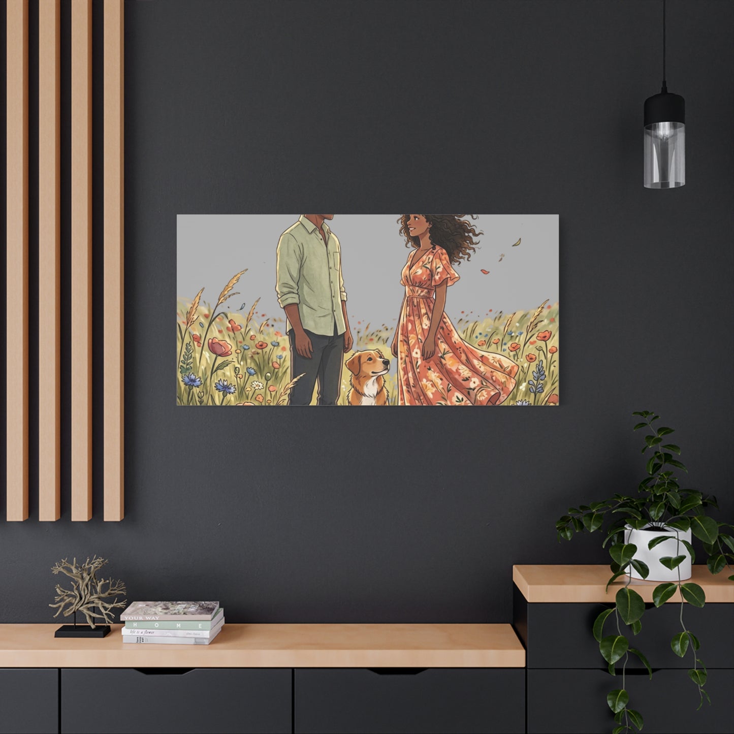 Romantic Couple in Wildflower Field Canvas Art — Black Love Wall Decor with Dog