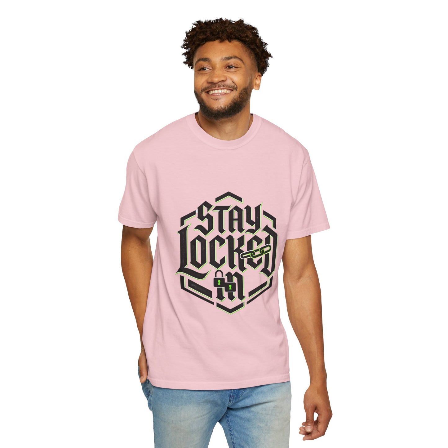 Stay Locked In T-Shirt — Bold Gothic Logo Tee