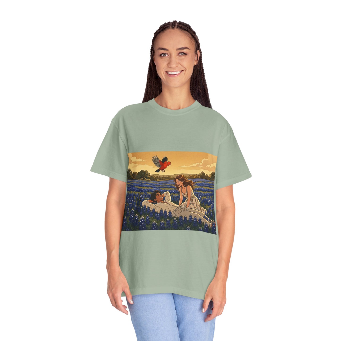 Romantic Bluebonnet Field T-Shirt — Couple in Wildflower Meadow Art Tee