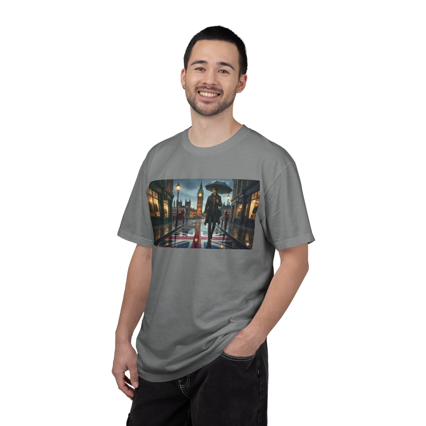 T-Shirt — Rainy London Street Scene Graphic Tee (Big Ben, Umbrella, Night Cityscape)