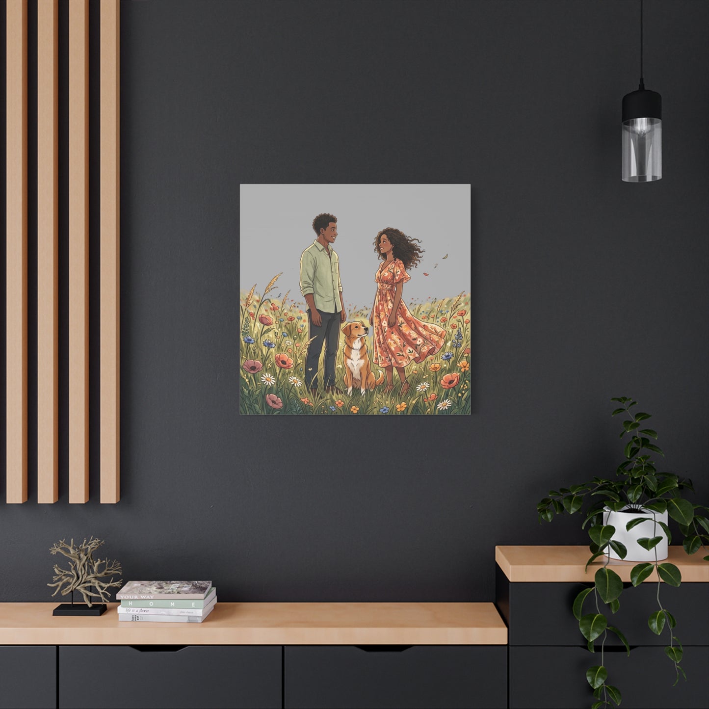 Romantic Couple in Wildflower Field Canvas Art — Black Love Wall Decor with Dog