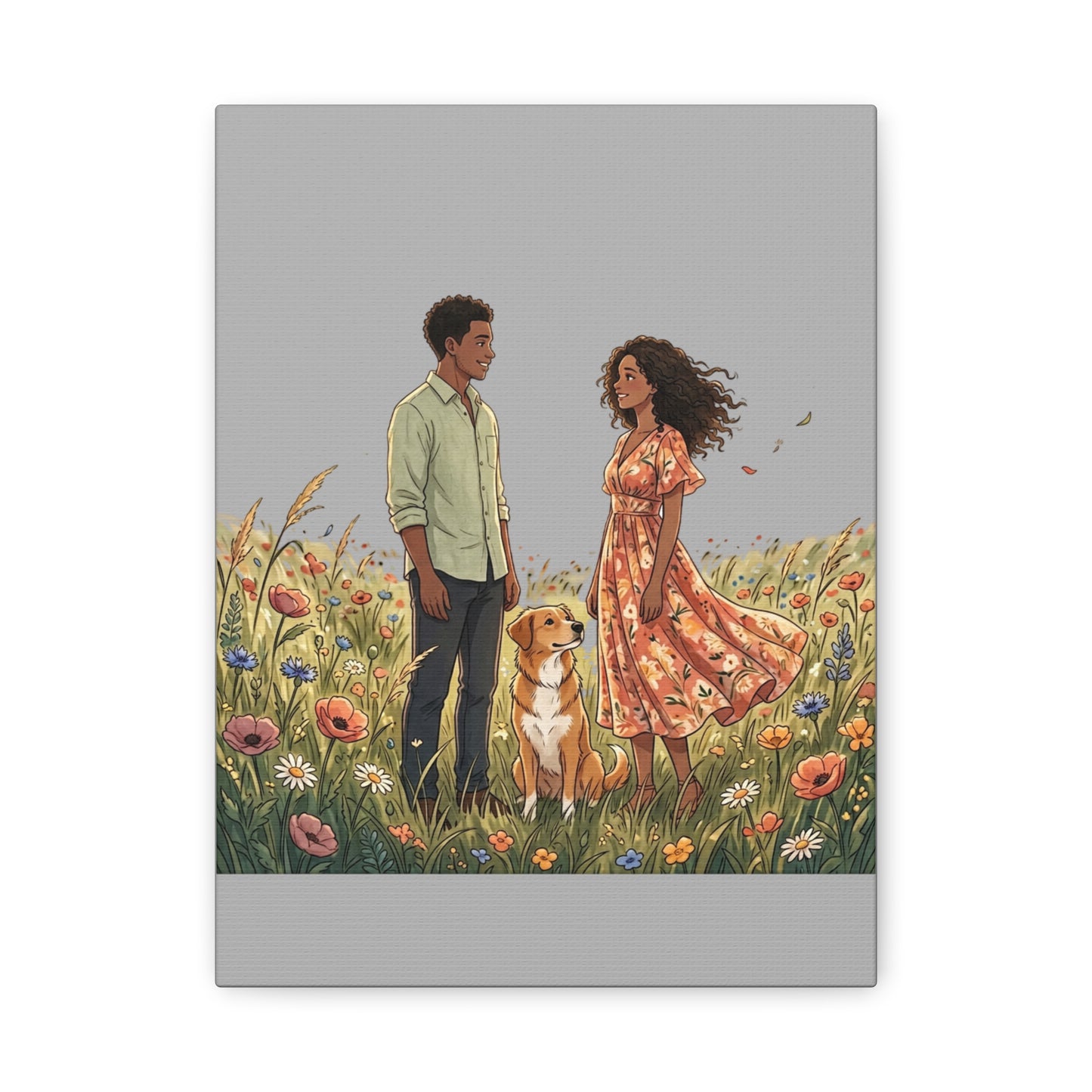 Romantic Couple in Wildflower Field Canvas Art — Black Love Wall Decor with Dog