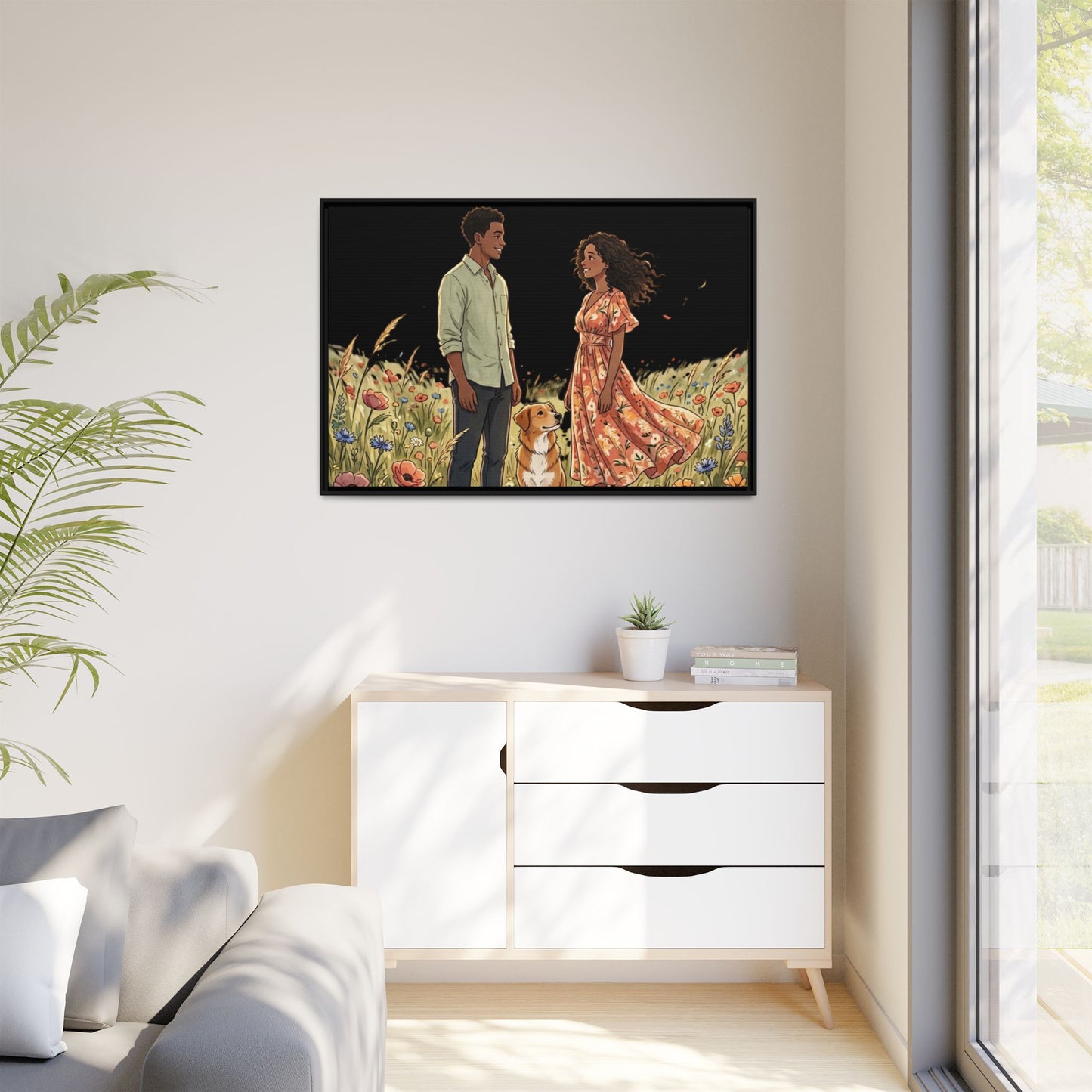 Framed Matte Canvas Print — Romantic Couple in Wildflower Field (Multi‑Color)
