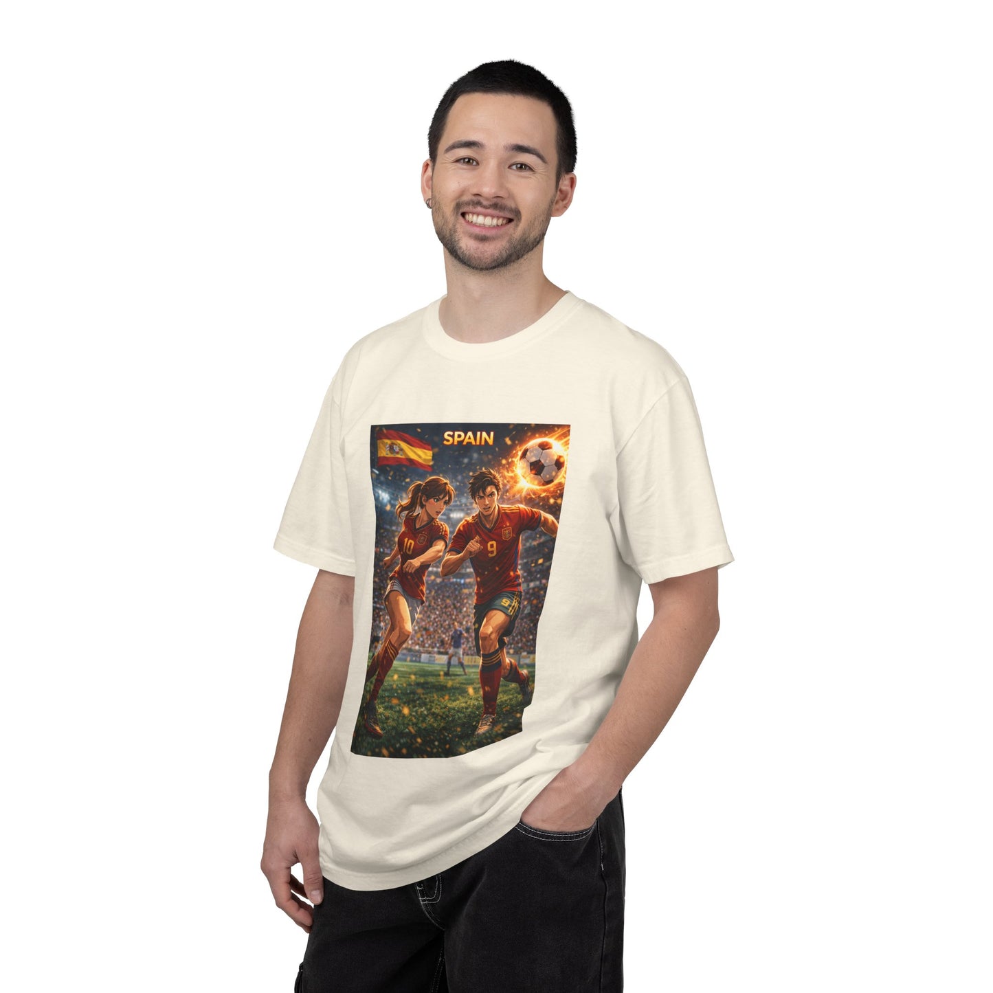 Spain Soccer Graphic T-Shirt — Retro Match Scene with Flag