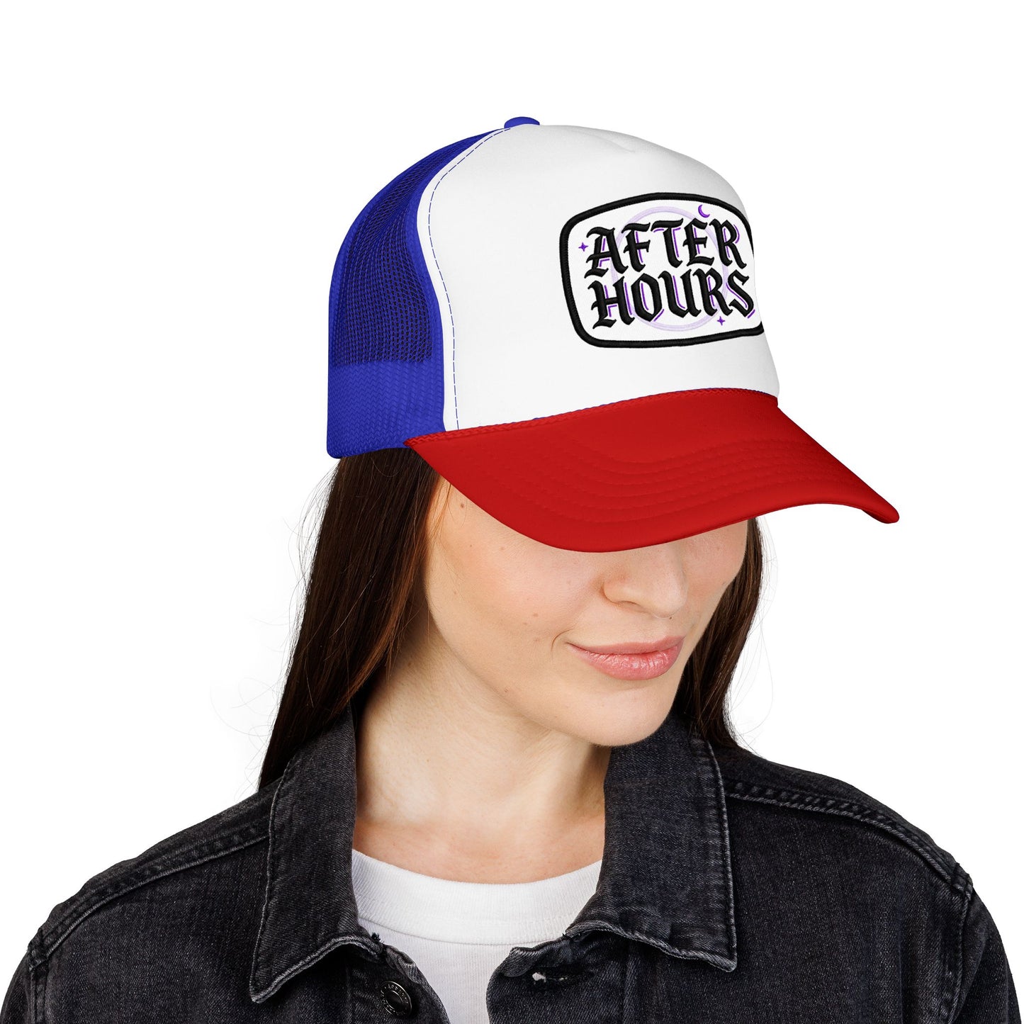 After Hours Foam Trucker Hat – Retro Gothic Embroidered Patch Cap
