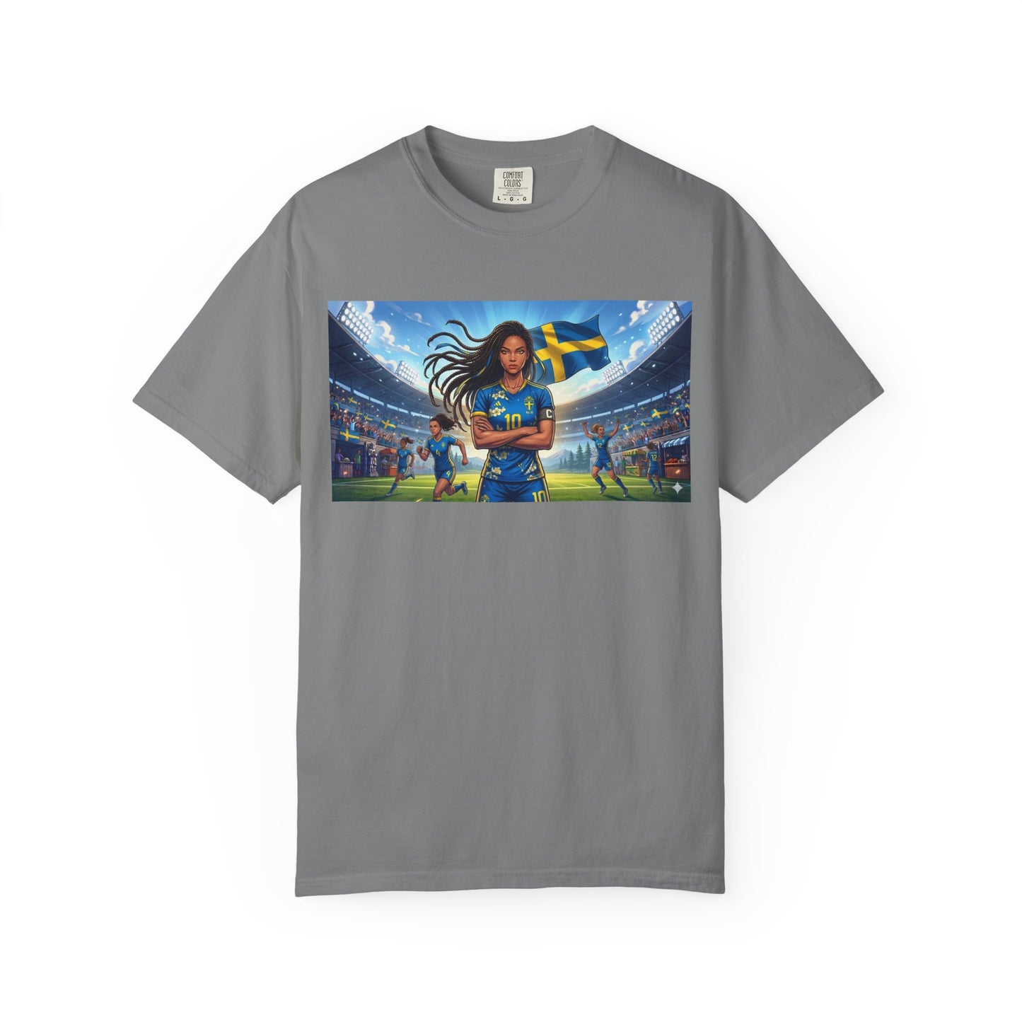 Swedish Soccer Pride T-Shirt — Female Footballer with Flag Stadium Design