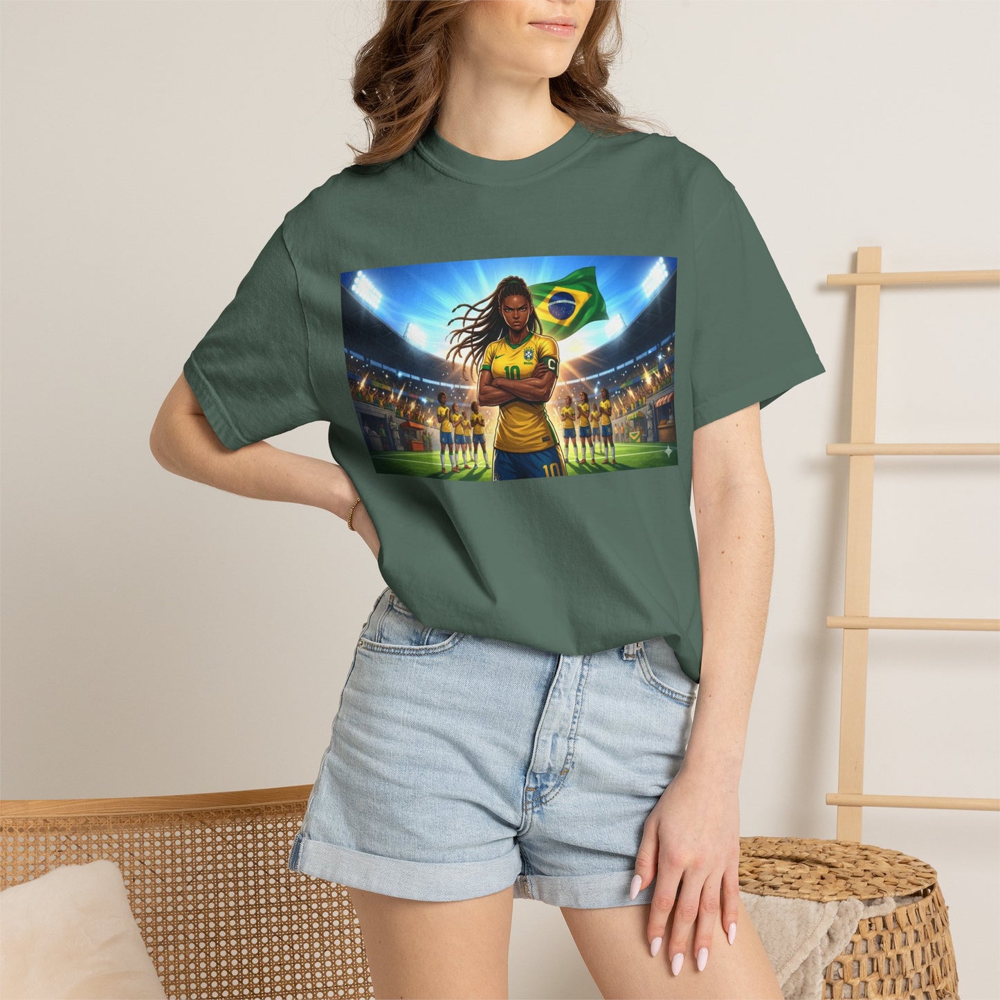 Brazil Soccer Captain T-Shirt — Player Holding Ball with Brazilian Flag Stadium Graphic