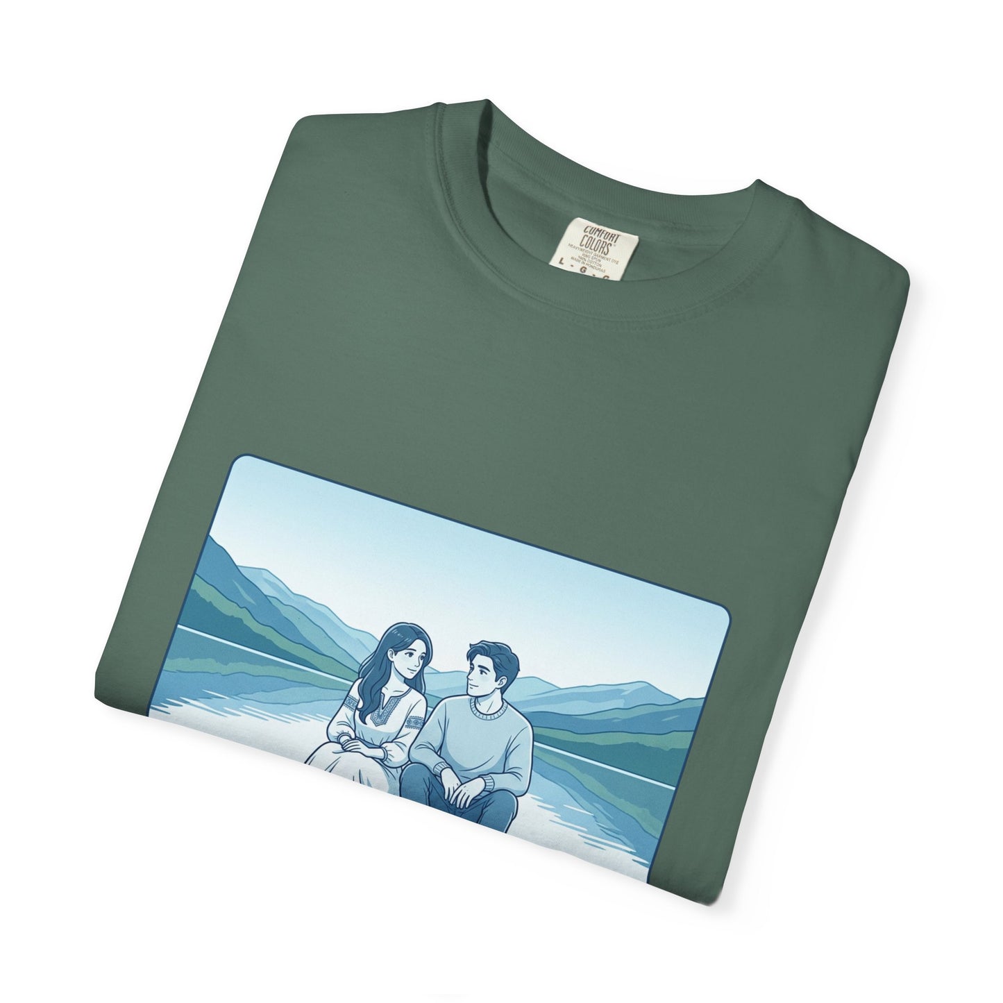 Peaceful Moments Tee — Couple Sitting by Lake Graphic T-Shirt