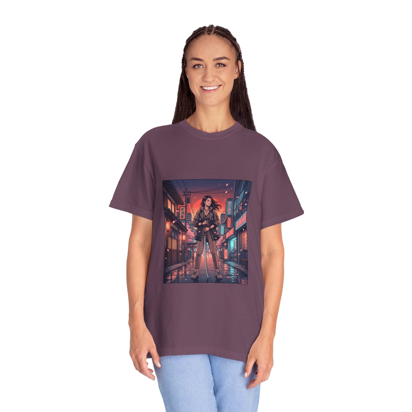 Cyberpunk Night Streets T‑Shirt — Neon Samurai Girl Graphic Tee