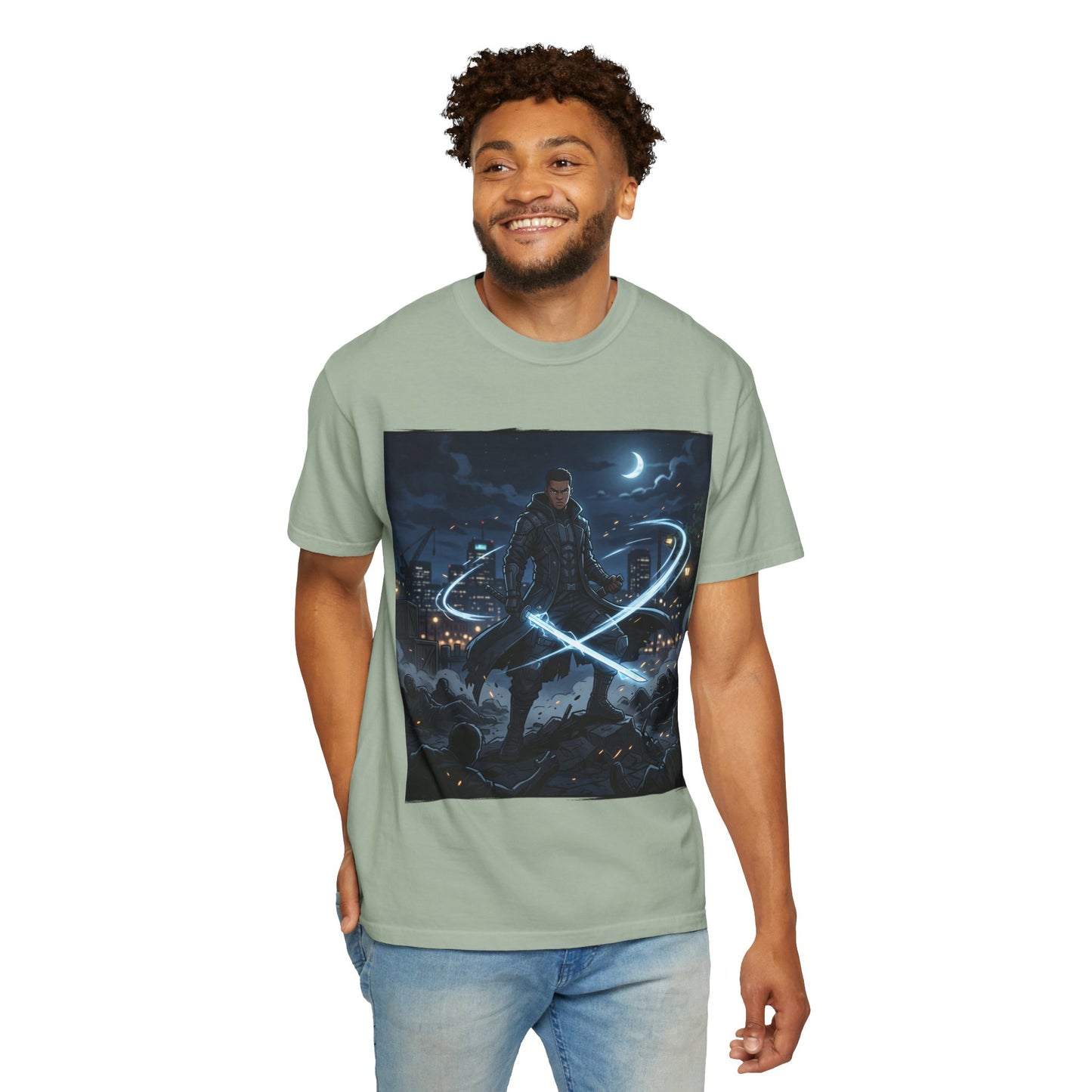 Urban Night Warrior T-Shirt — Neon Samurai Cityscape