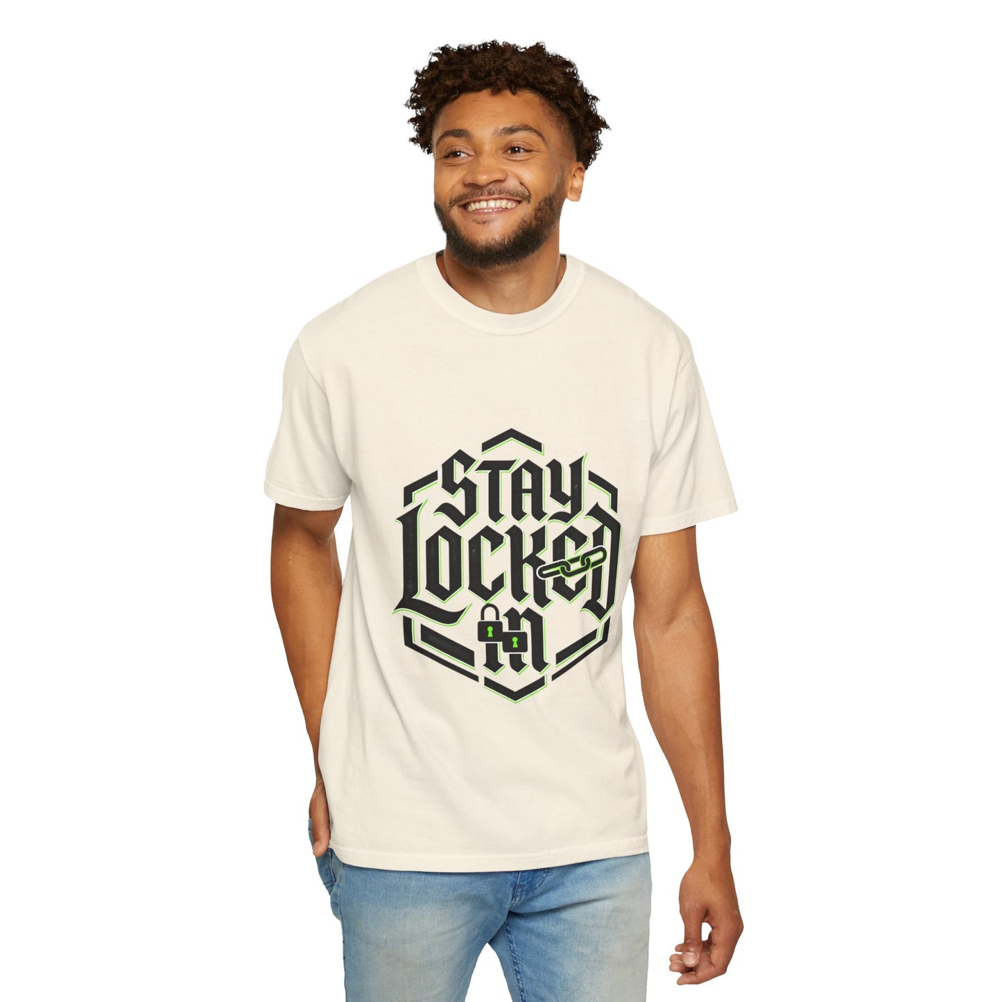 Stay Locked In T-Shirt — Bold Gothic Logo Tee