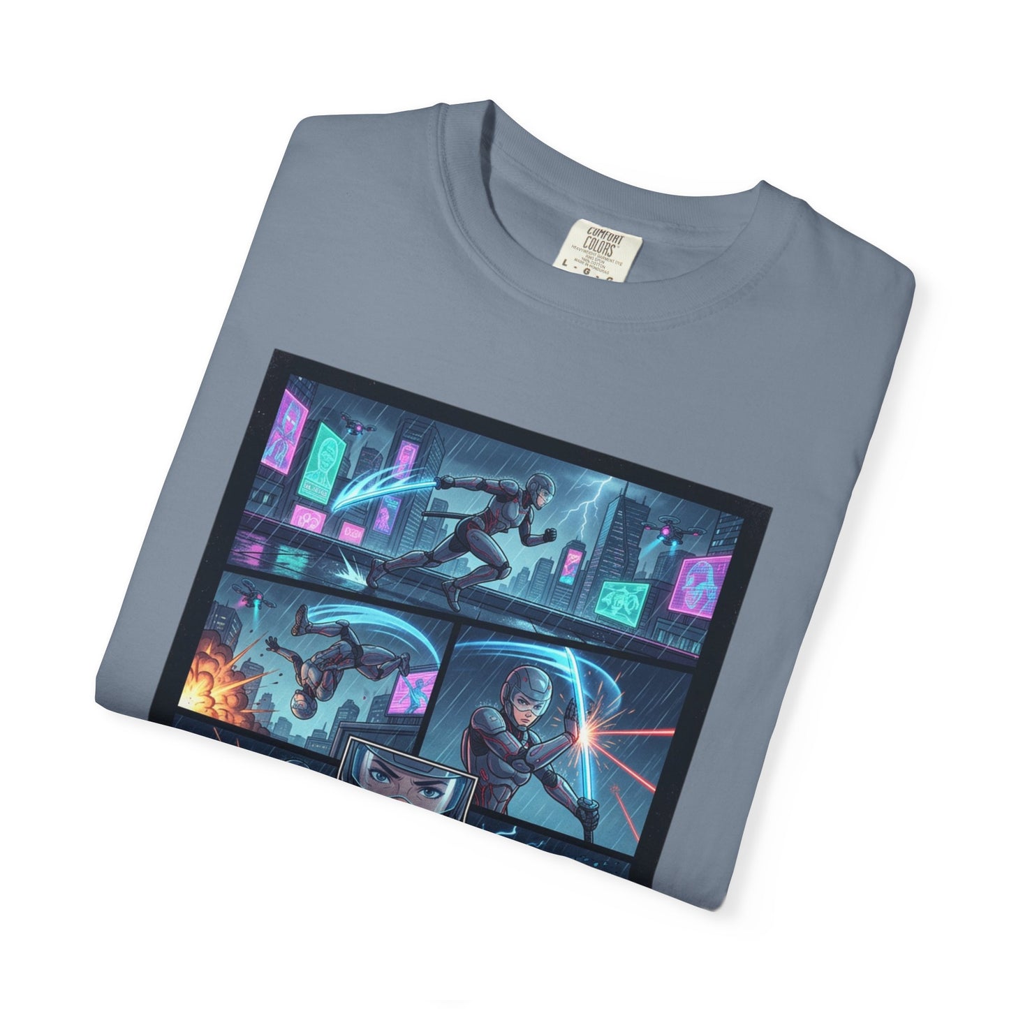 Cyberpunk Girl Samurai T-Shirt — Neon Manga Panel Graphic Tee