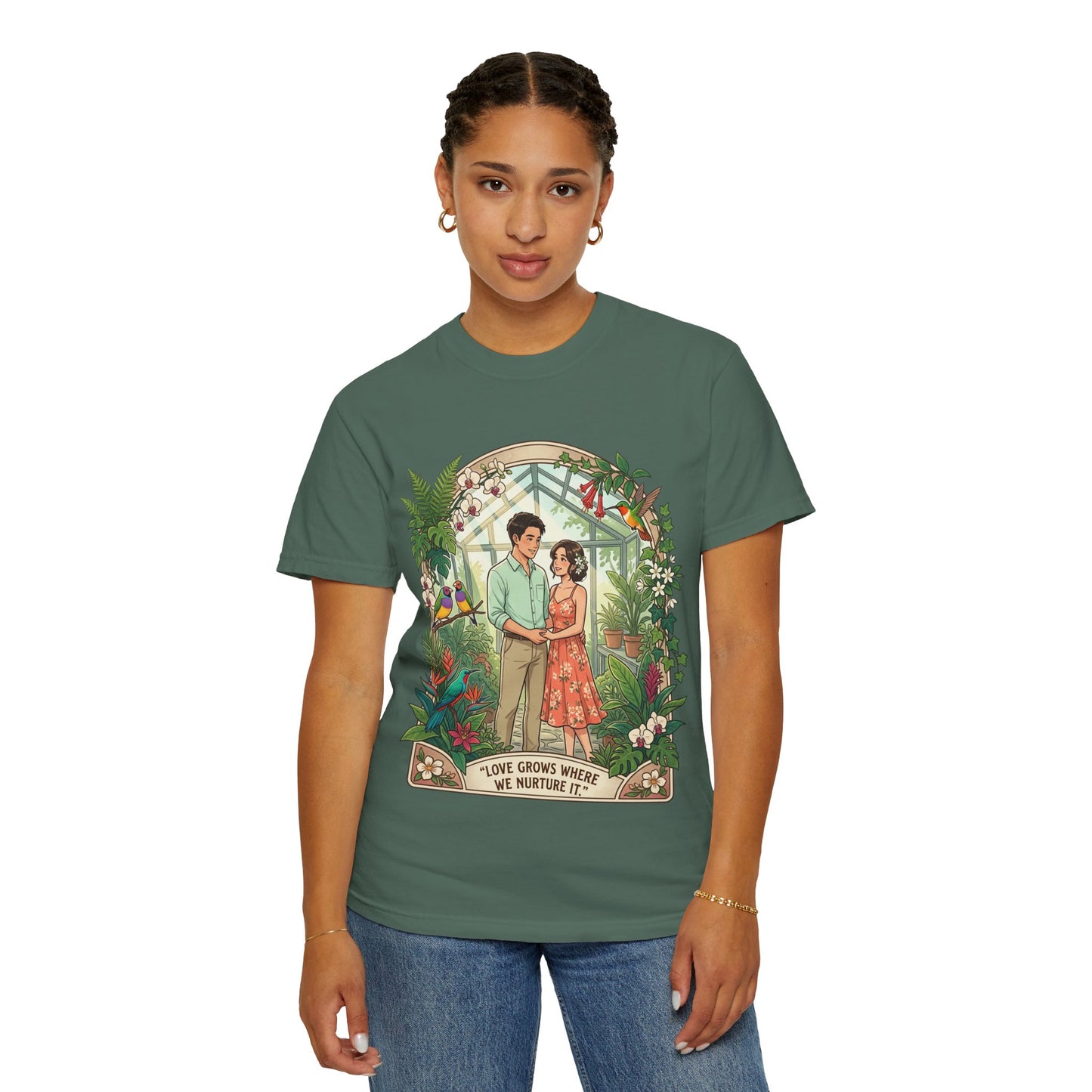 Romantic Greenhouse Couples T-Shirt — “Love Grows Where We Nurture It”