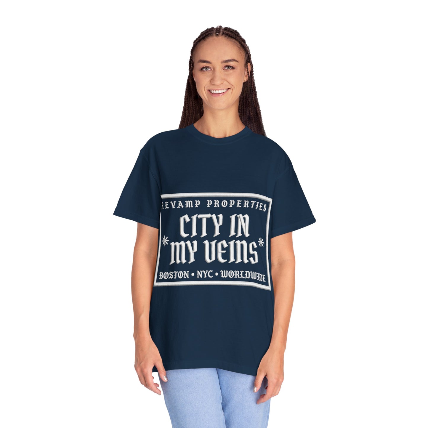 City In My Veins T‑Shirt — Vintage Cityscape Tee (Boston • NYC • Manchester)