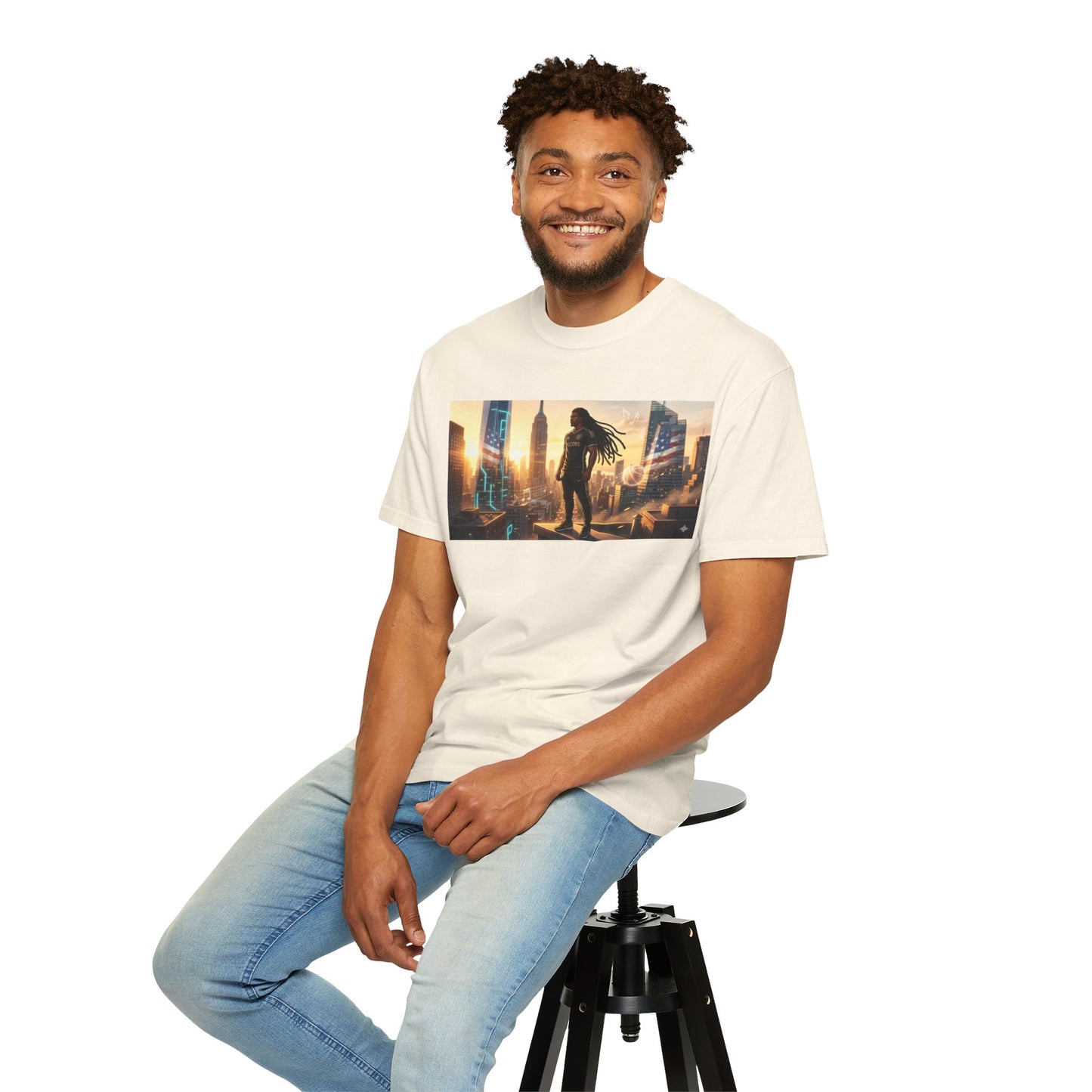 Cyberpunk Cityscape T-Shirt — Silhouette Hero at Sunset