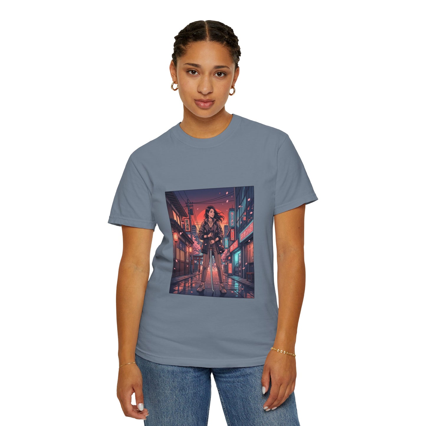 Cyberpunk Night Streets T‑Shirt — Neon Samurai Girl Graphic Tee