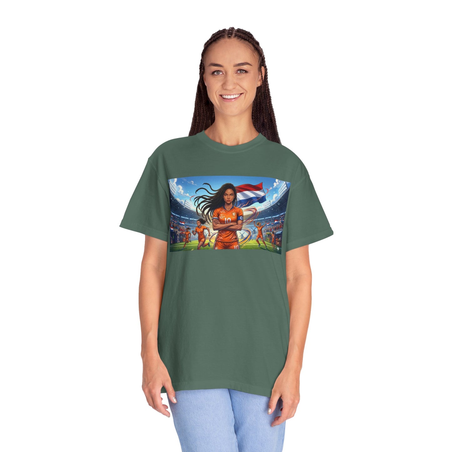 Soccer Warrior T-Shirt — Netherlands Female Captain with Flag Stadium Graphic