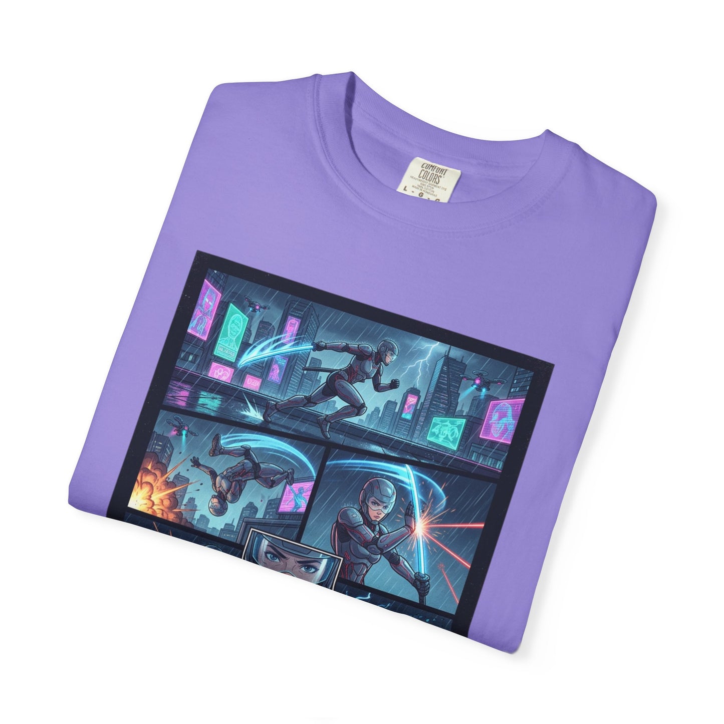 Cyberpunk Girl Samurai T-Shirt — Neon Manga Panel Graphic Tee