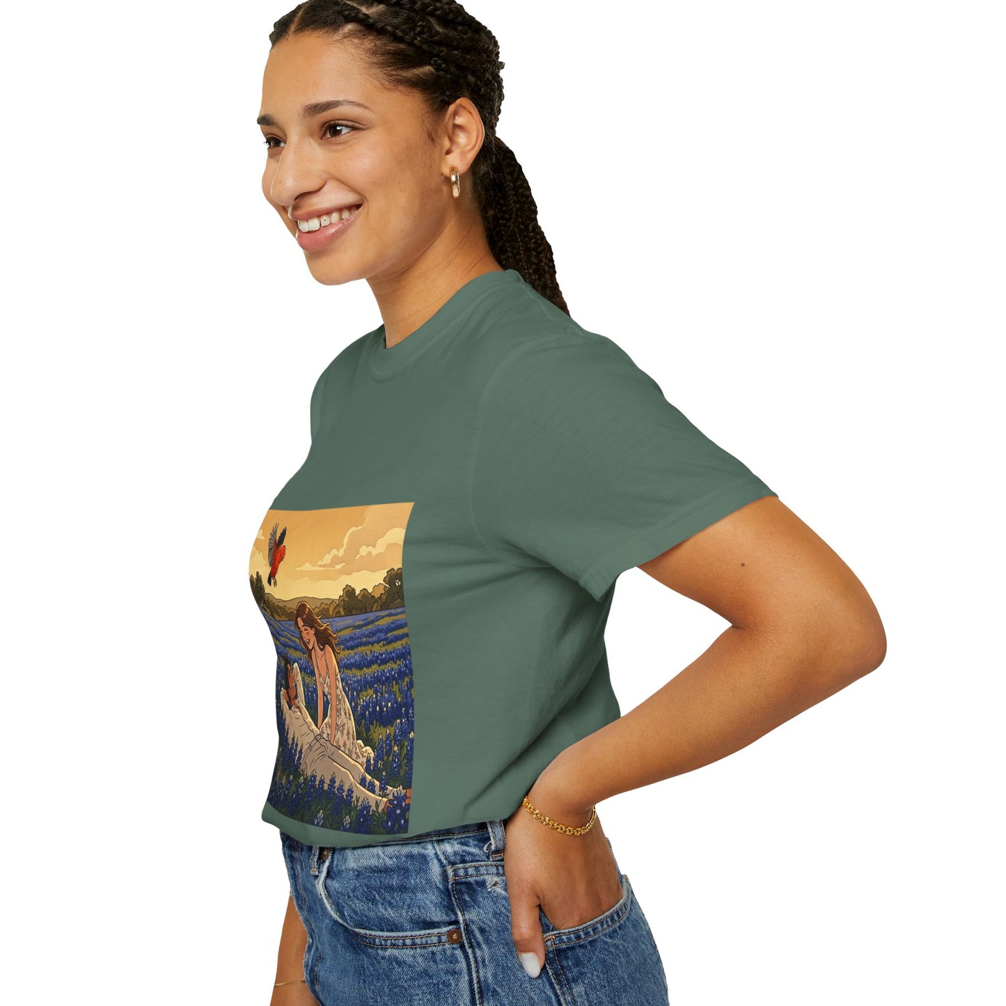 Romantic Bluebonnet Field T-Shirt — Couple in Wildflower Meadow Art Tee