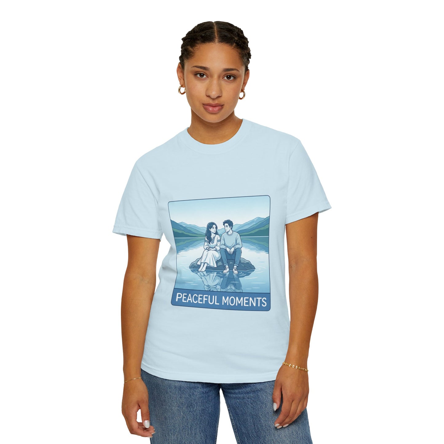 Peaceful Moments Tee — Couple Sitting by Lake Graphic T-Shirt