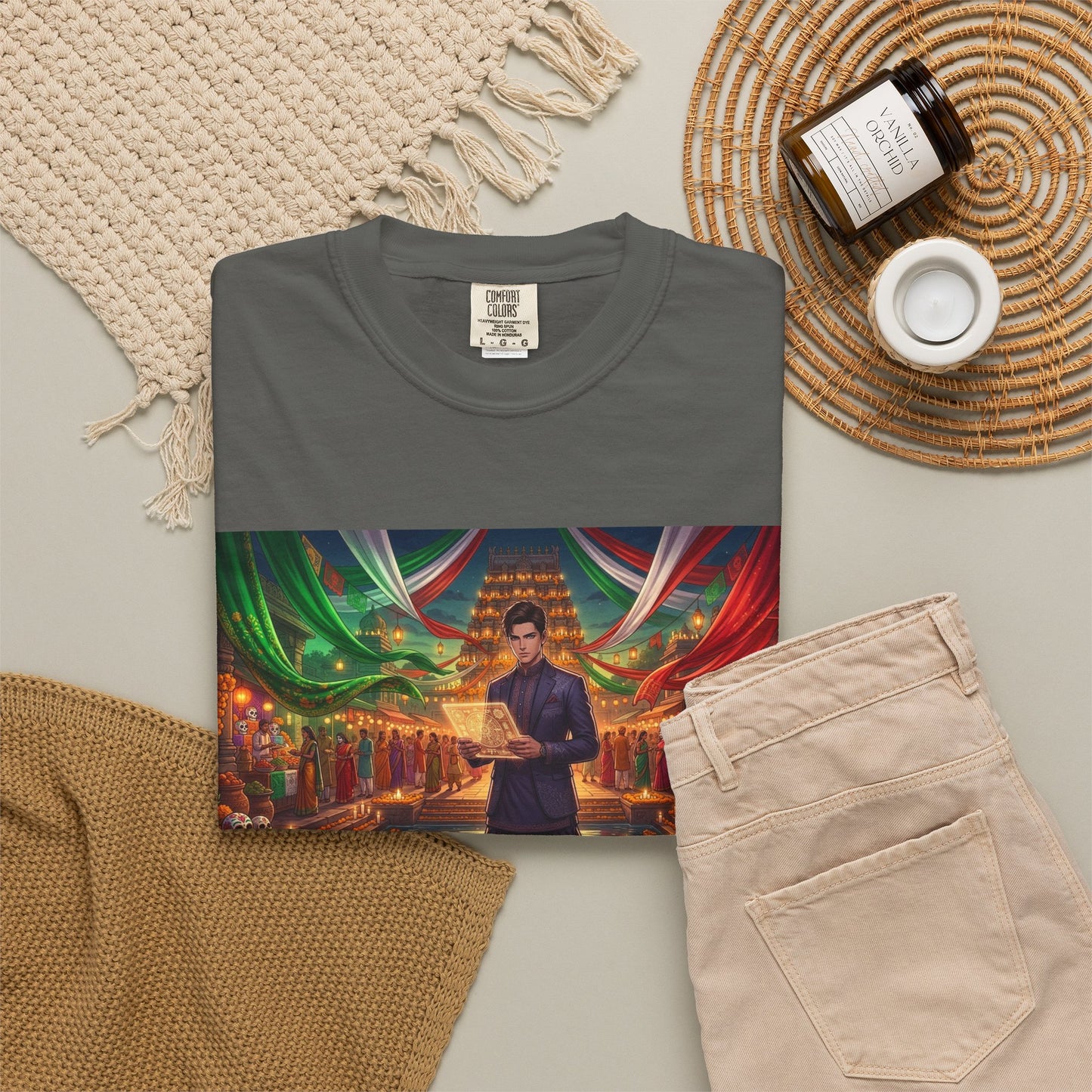T-Shirt — Dragon Temple Night Scene Graphic Tee (Monk with Dragons)