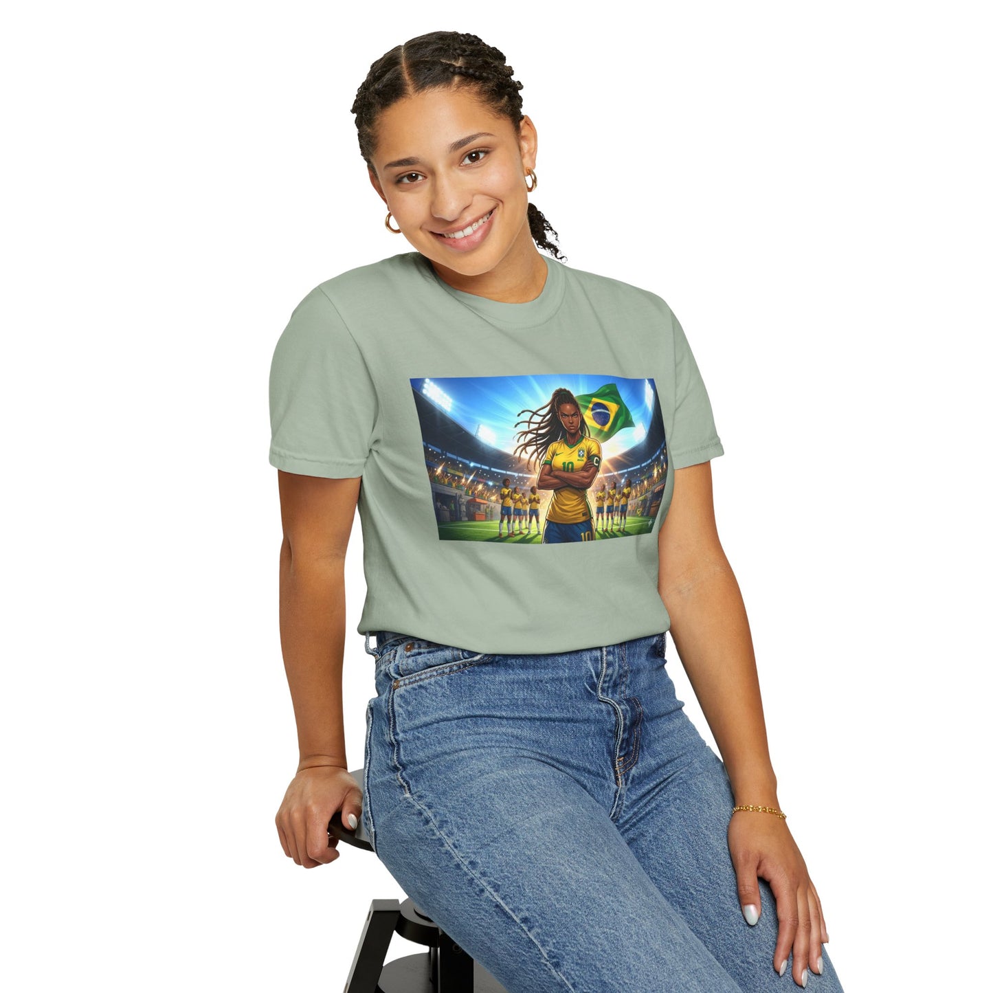 Brazil Soccer Captain T-Shirt — Player Holding Ball with Brazilian Flag Stadium Graphic