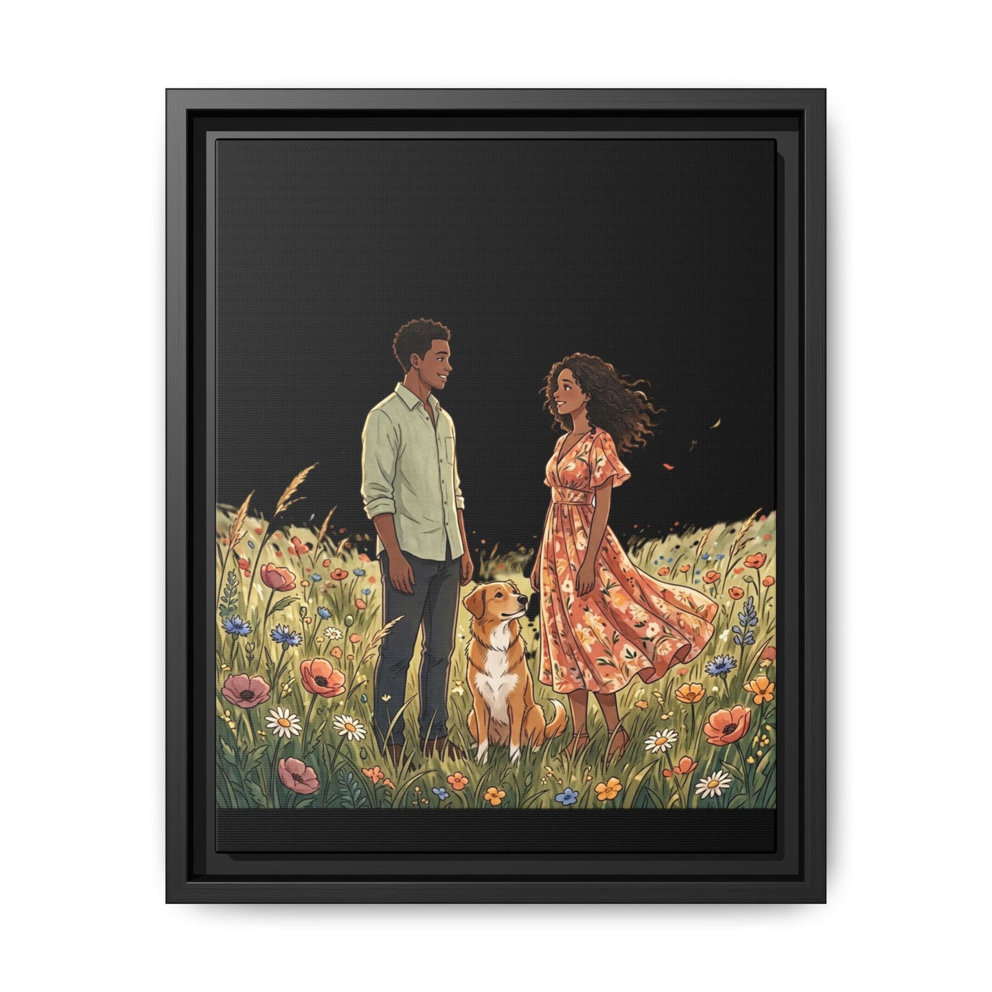Framed Matte Canvas Print — Romantic Couple in Wildflower Field (Multi‑Color)
