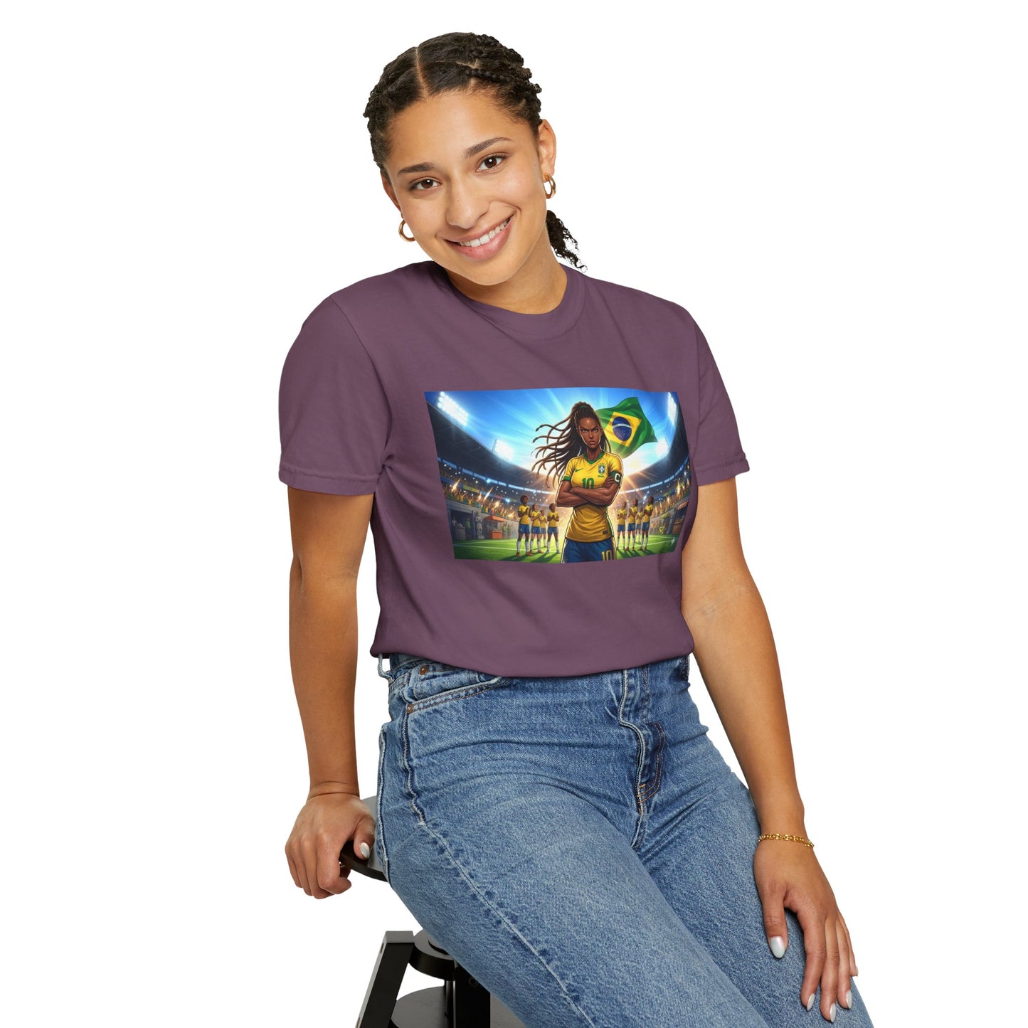 Brazil Soccer Captain T-Shirt — Player Holding Ball with Brazilian Flag Stadium Graphic
