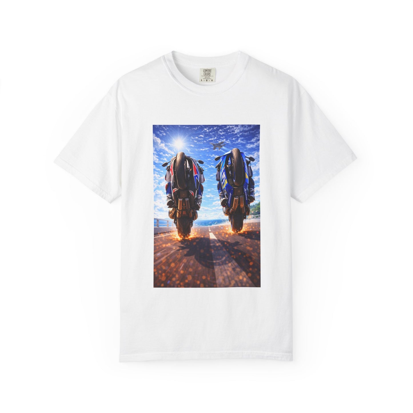Motorcycle Sunset T-Shirt — Two Bikes Riding Into the Horizon