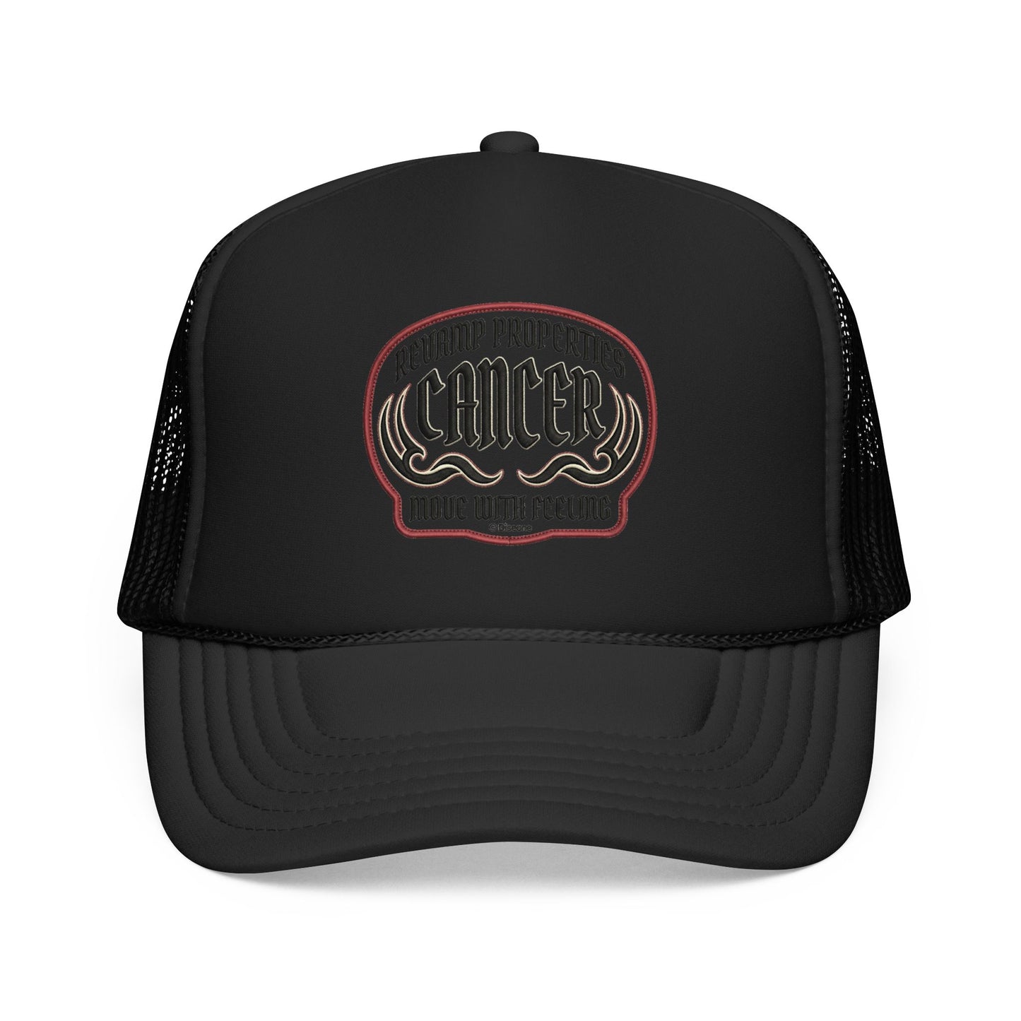 Cancer Zodiac Trucker Hat — Vintage Embroidered Skull & Crab Design