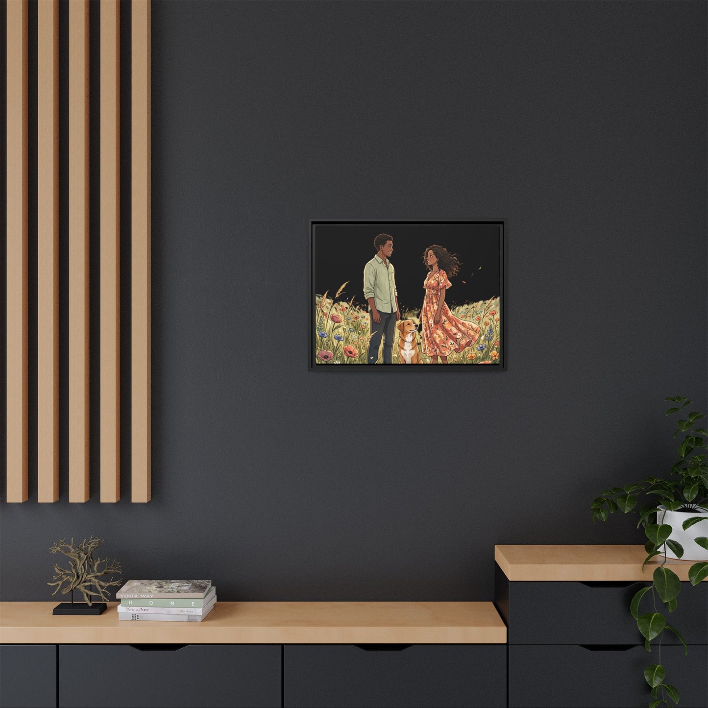 Framed Matte Canvas Print — Romantic Couple in Wildflower Field (Multi‑Color)