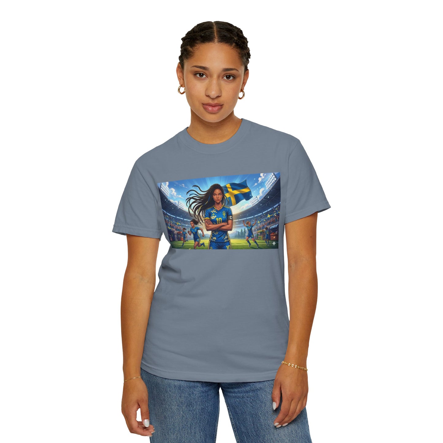 Swedish Soccer Pride T-Shirt — Female Footballer with Flag Stadium Design