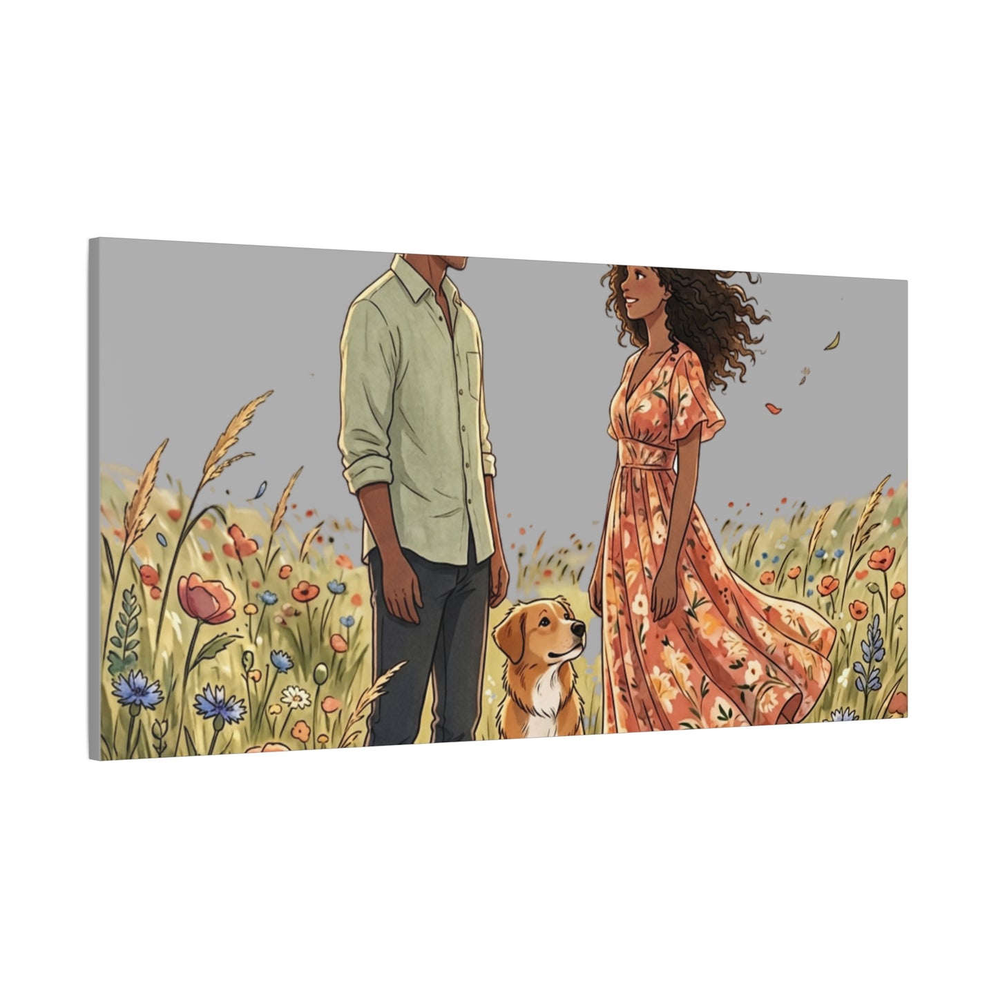 Romantic Couple in Wildflower Field Canvas Art — Black Love Wall Decor with Dog