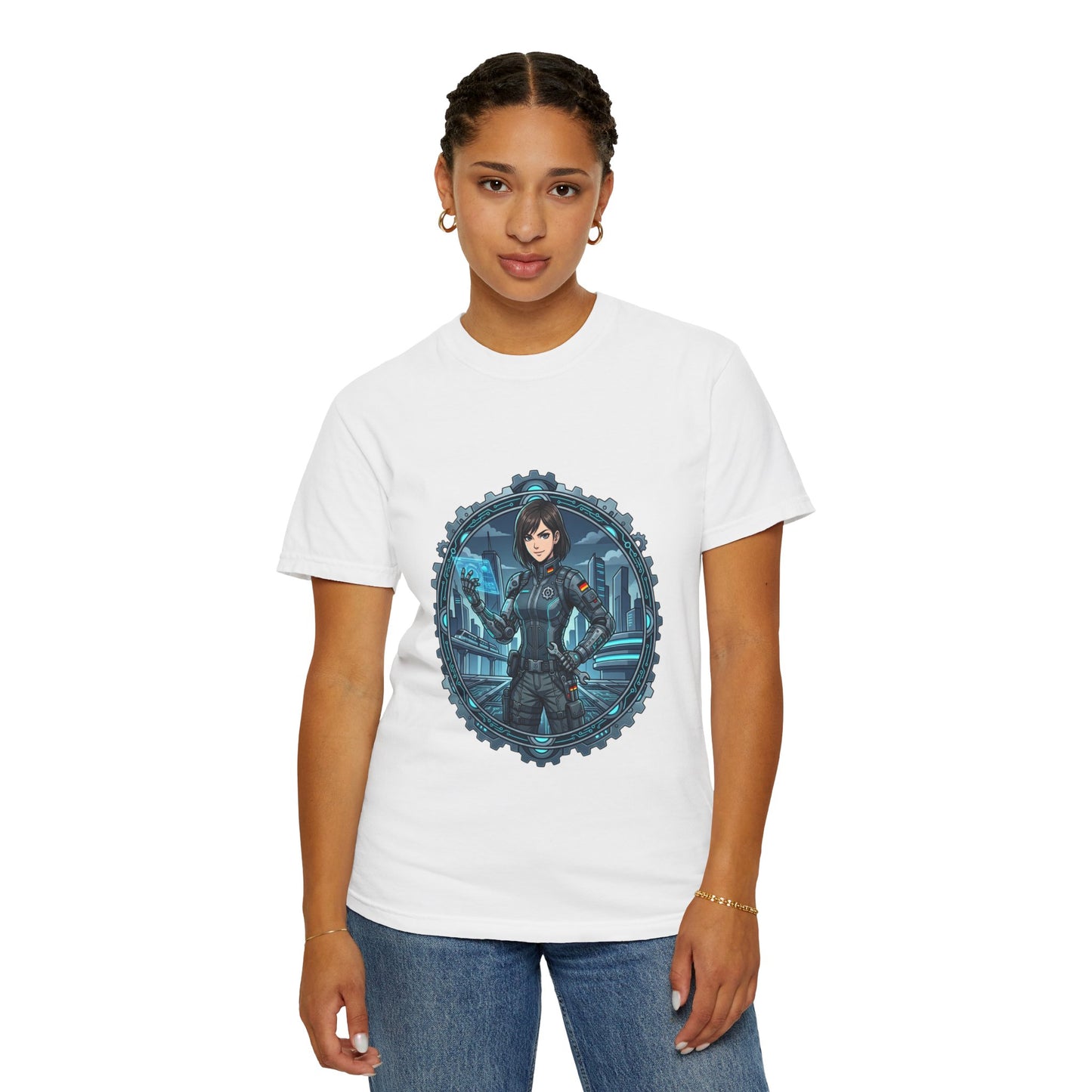 Cyber Ninja Graphic T-Shirt — Futuristic Female Warrior Illustration