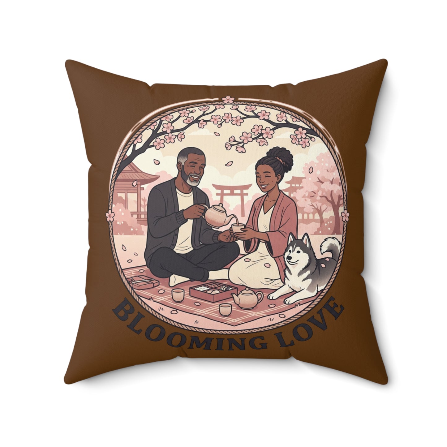 Blooming Love Throw Pillow — Romantic Cherry Blossom Picnic Decorative Pillow