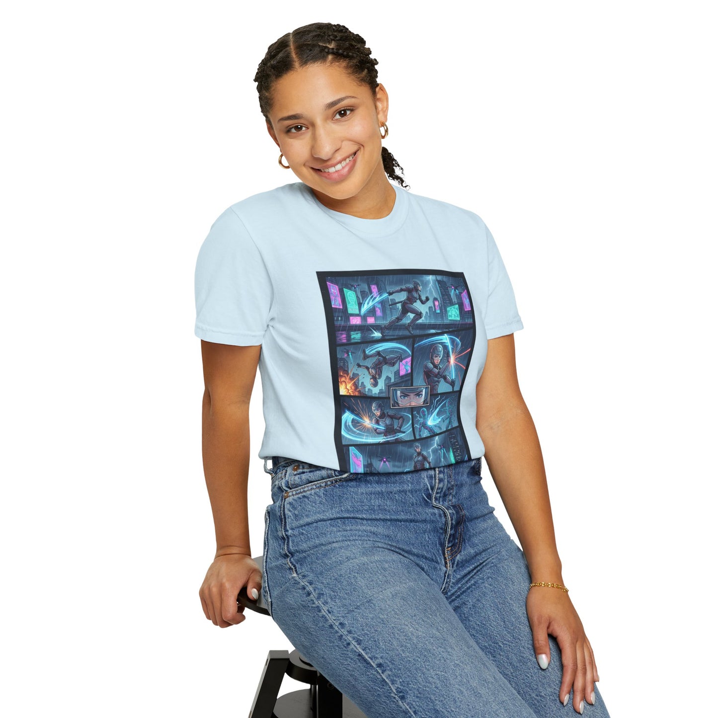 Cyberpunk Girl Samurai T-Shirt — Neon Manga Panel Graphic Tee