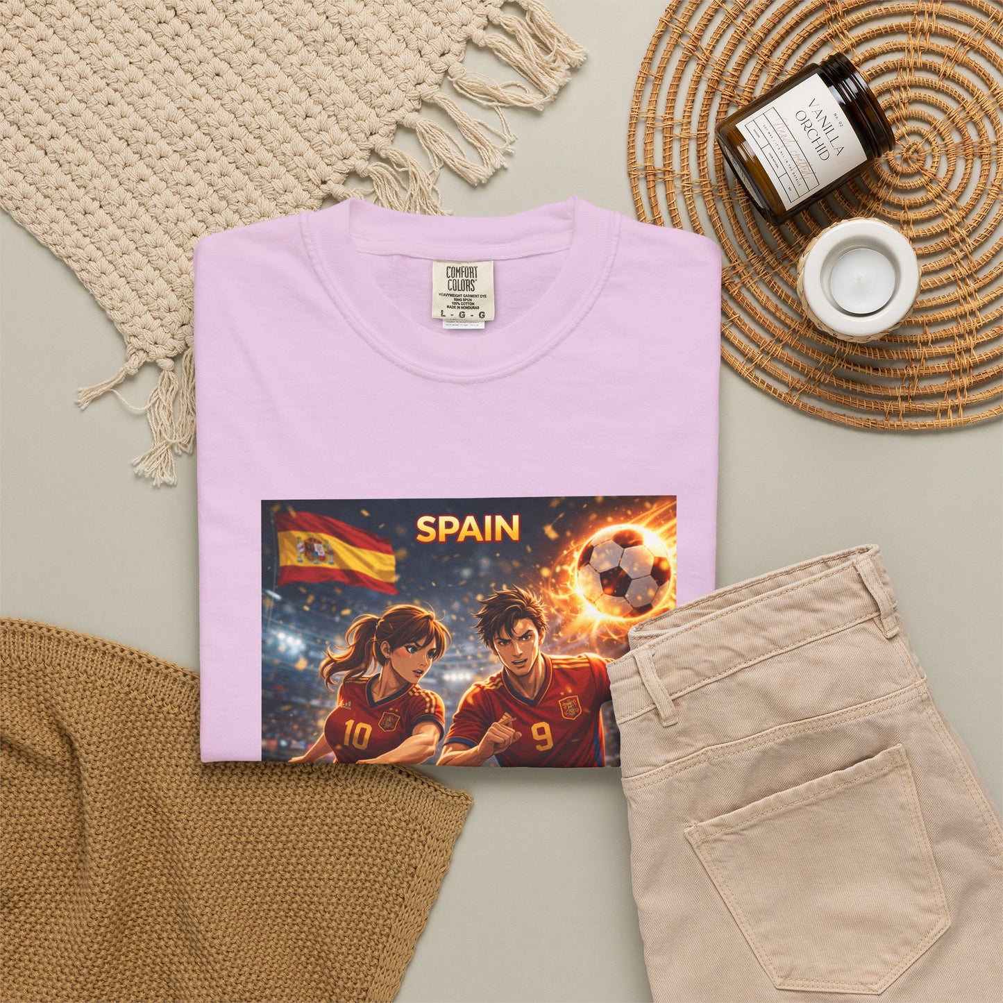 Spain Soccer Graphic T-Shirt — Retro Match Scene with Flag