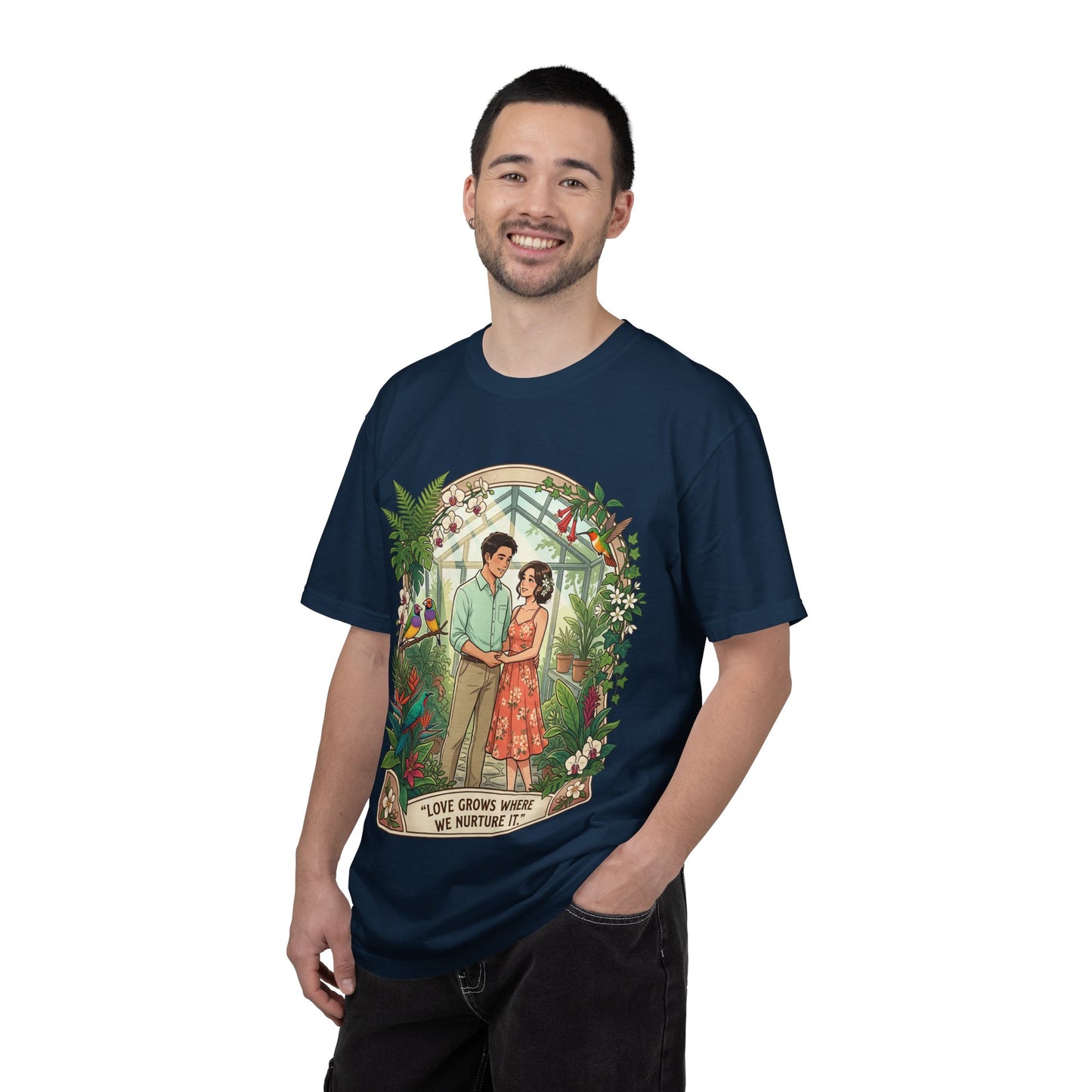 Romantic Greenhouse Couples T-Shirt — “Love Grows Where We Nurture It”