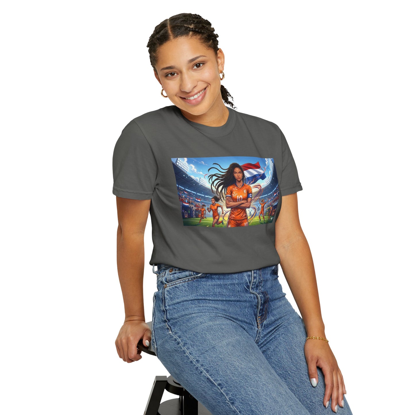 Soccer Warrior T-Shirt — Netherlands Female Captain with Flag Stadium Graphic
