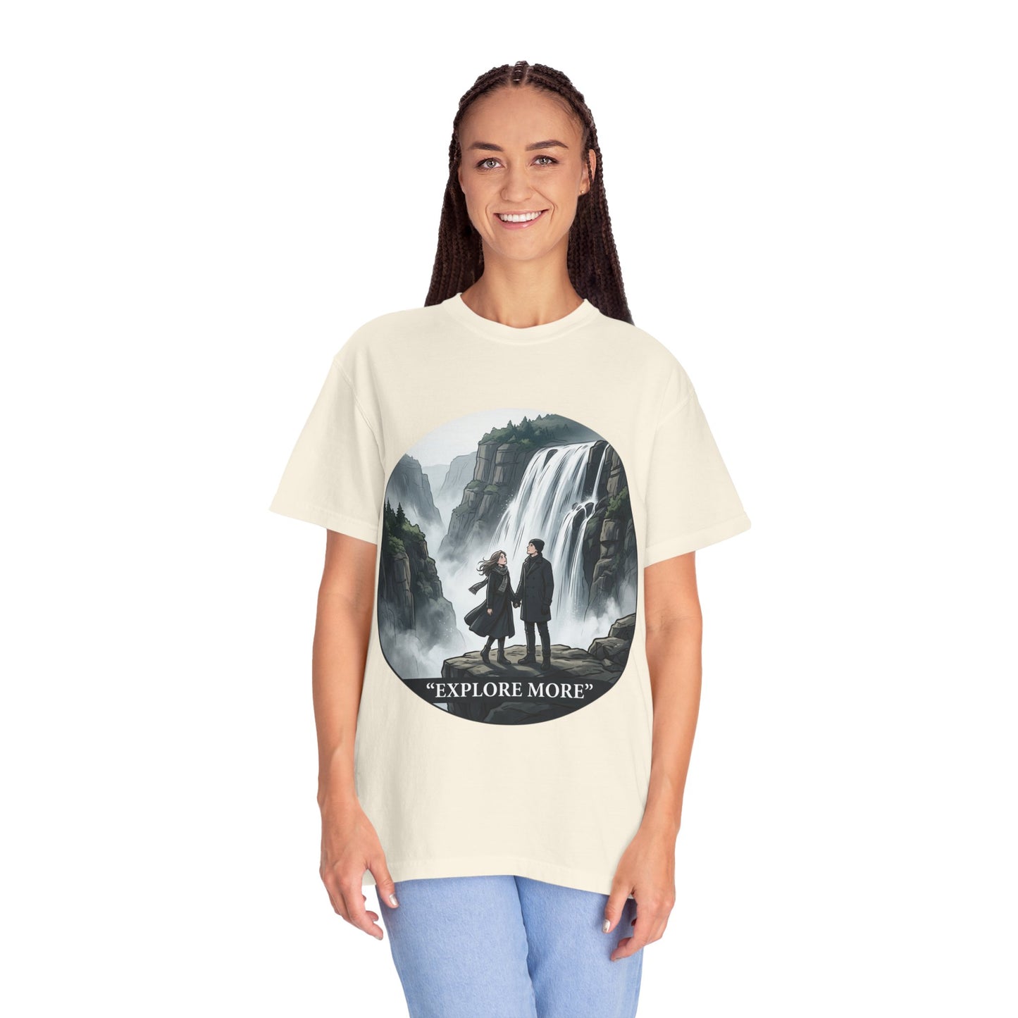 Explore More T-Shirt — Adventure Graphic Tee with Waterfall Scene