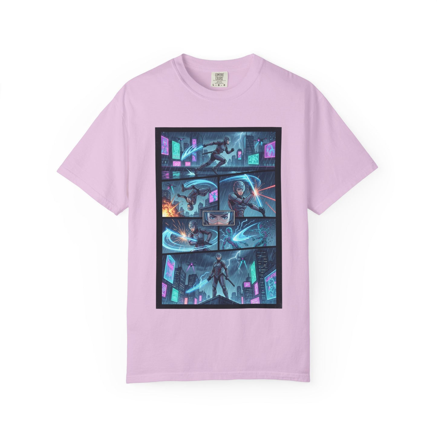 Cyberpunk Girl Samurai T-Shirt — Neon Manga Panel Graphic Tee