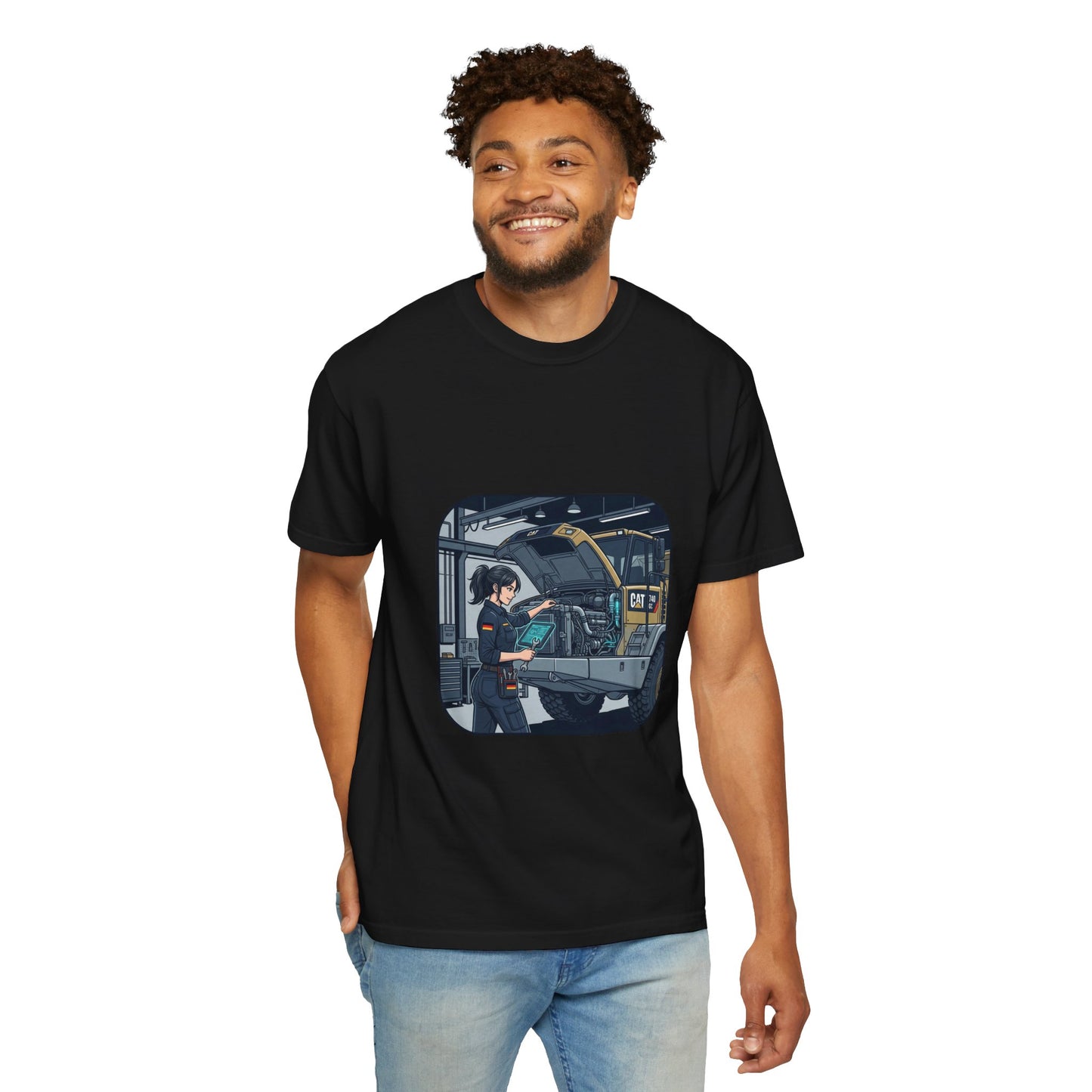Mechanic Garage Scene T-Shirt — Vintage Truck Repair Illustration