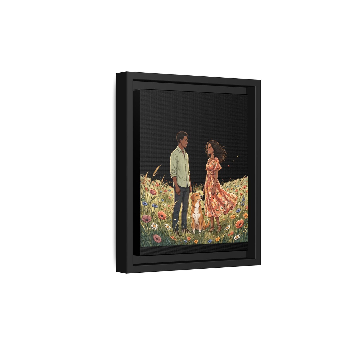 Framed Matte Canvas Print — Romantic Couple in Wildflower Field (Multi‑Color)
