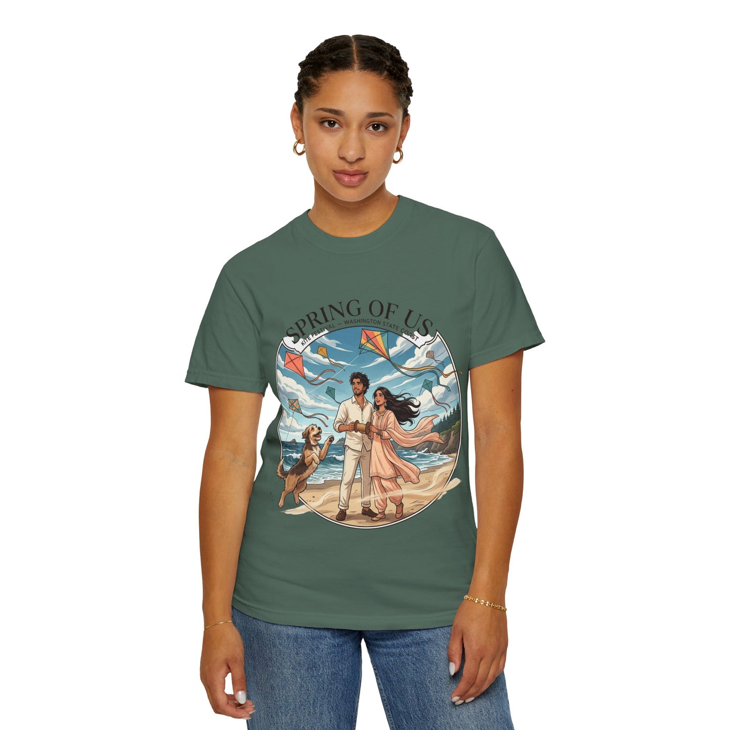 Spring of Us T-Shirt — Romantic Beach Couple Illustration with Dog
