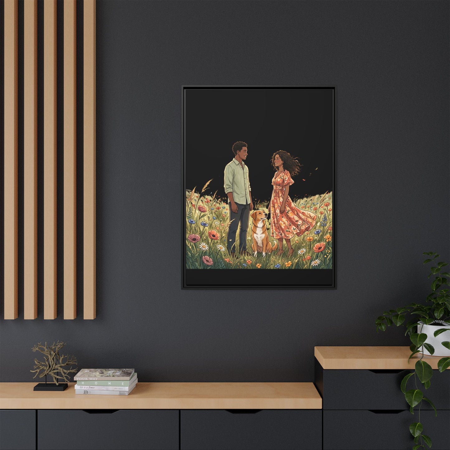 Framed Matte Canvas Print — Romantic Couple in Wildflower Field (Multi‑Color)